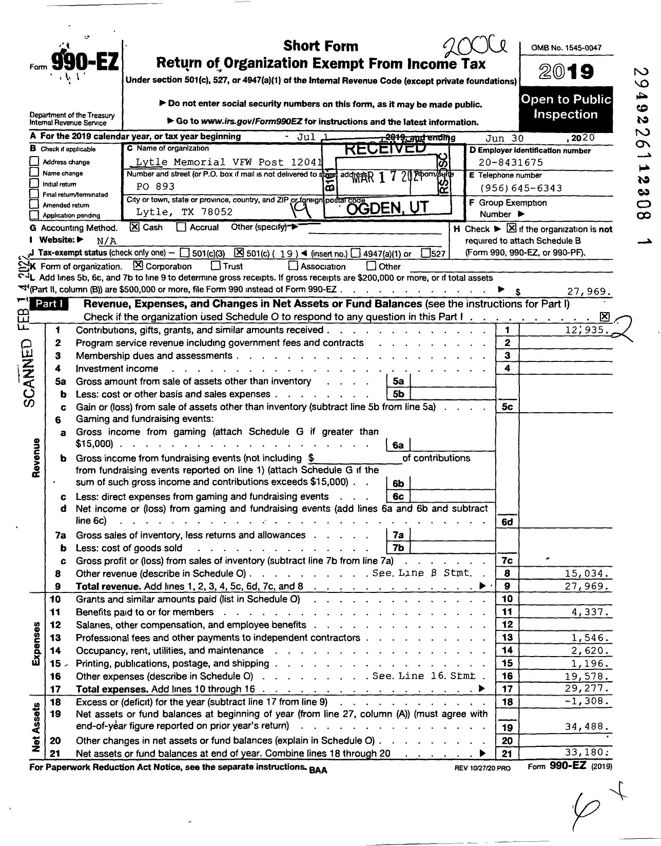 Image of first page of 2019 Form 990EO for Texas VFW - 12041 Lytle Memorial