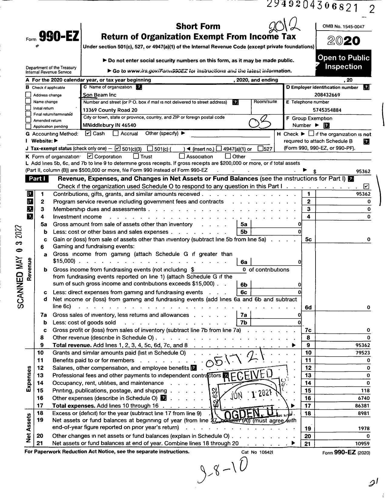 Image of first page of 2020 Form 990EZ for Son Beam