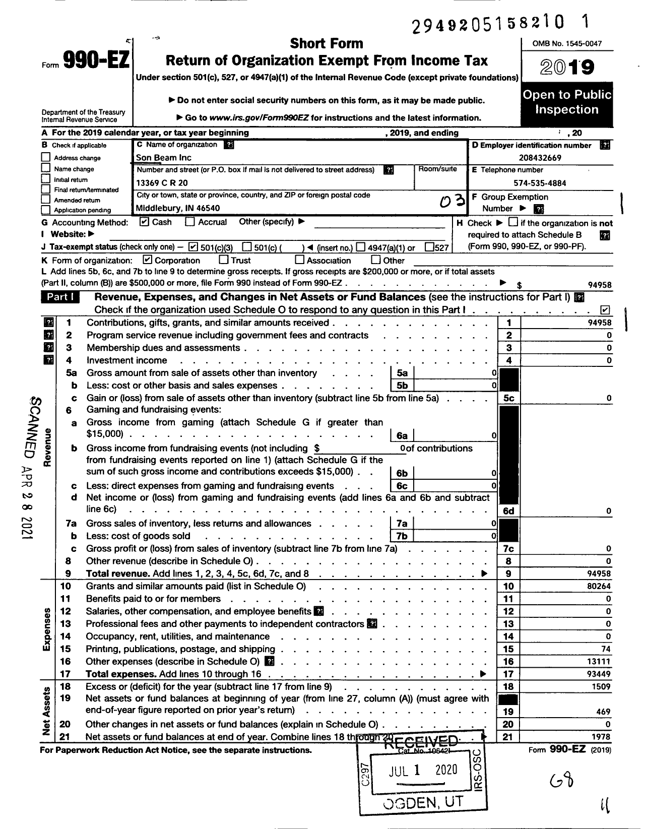 Image of first page of 2019 Form 990EZ for Son Beam