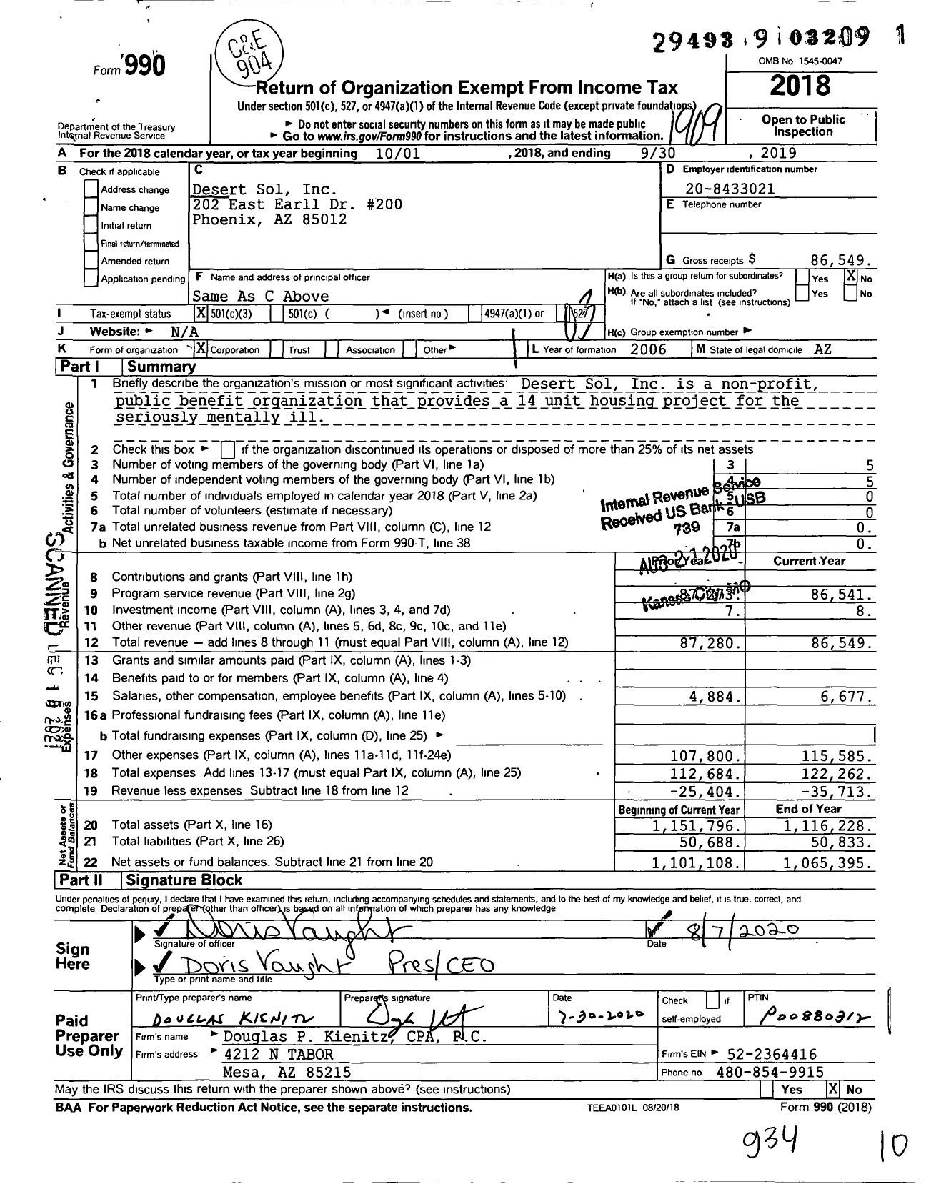 Image of first page of 2018 Form 990 for Desert Sol