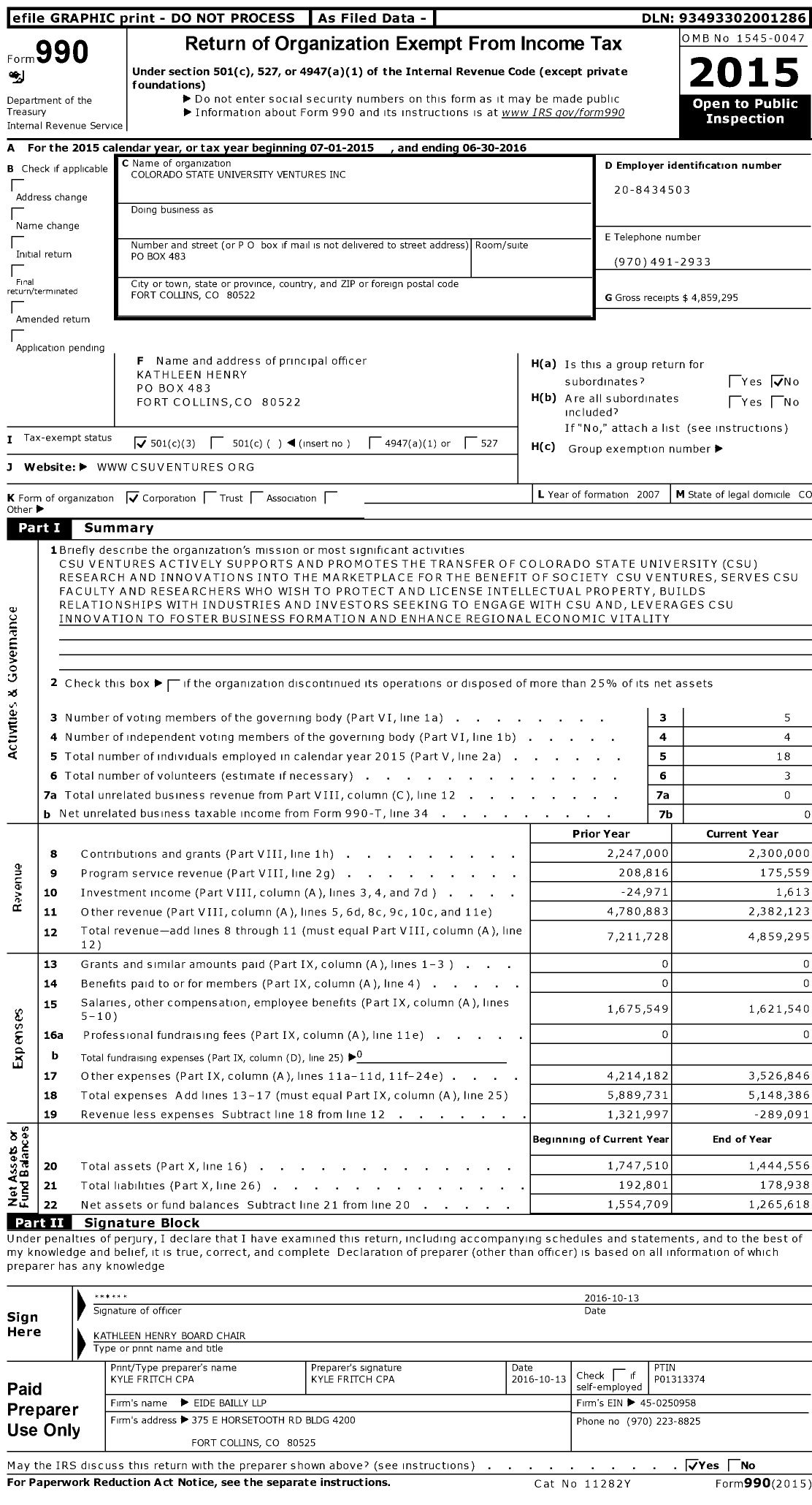 Image of first page of 2015 Form 990 for Colorado State University Ventures