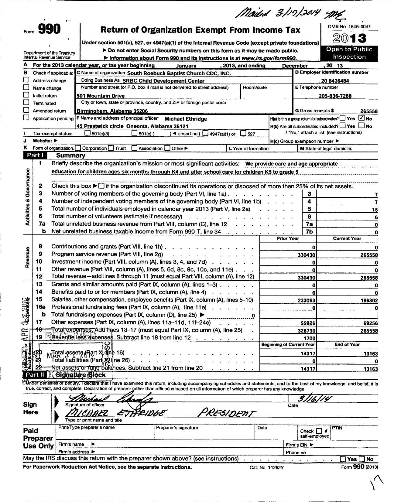 Image of first page of 2013 Form 990O for South Roebuck Baptist Church Childdevelopment Center