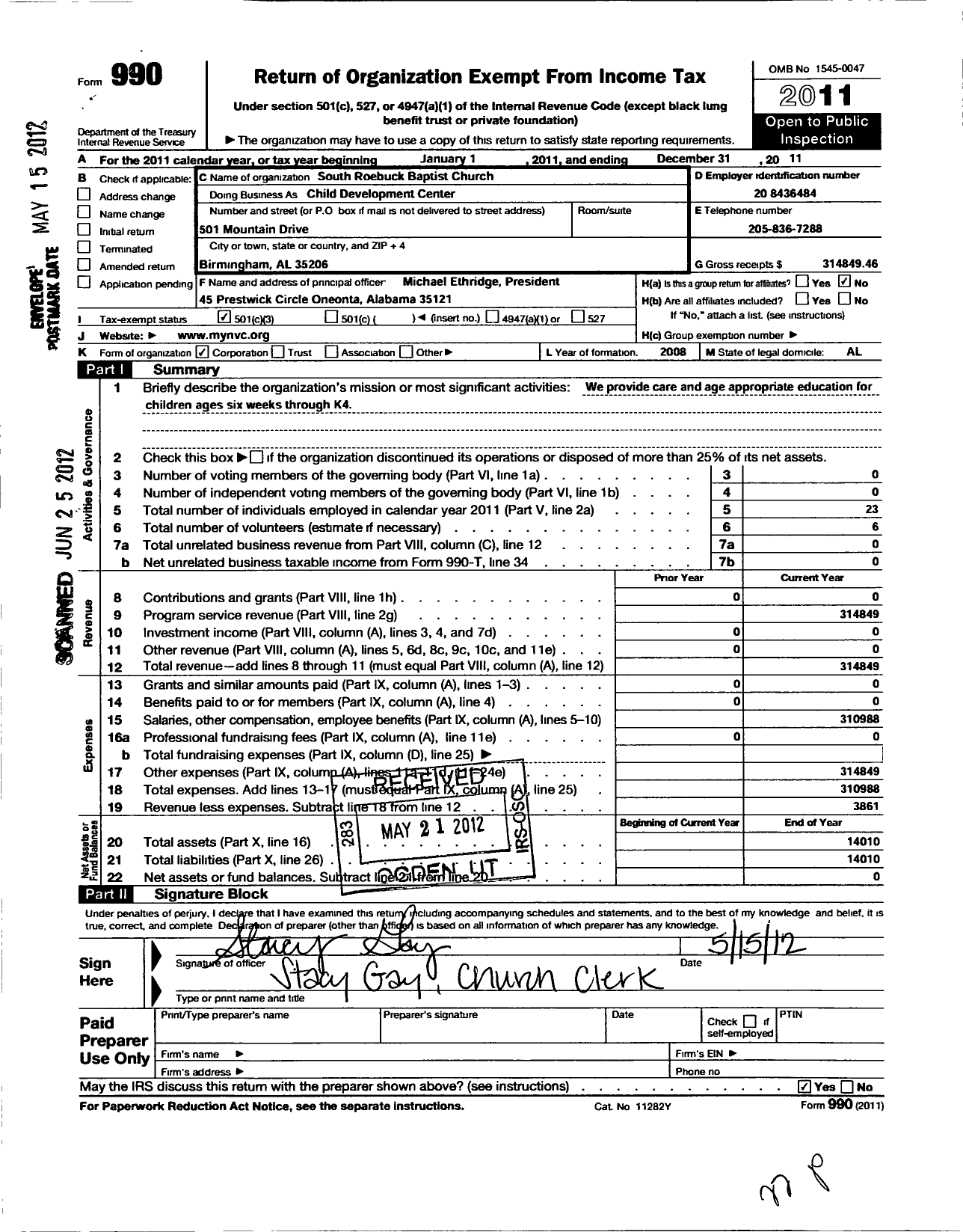 Image of first page of 2011 Form 990 for South Roebuck Baptist Church Childdevelopment Center