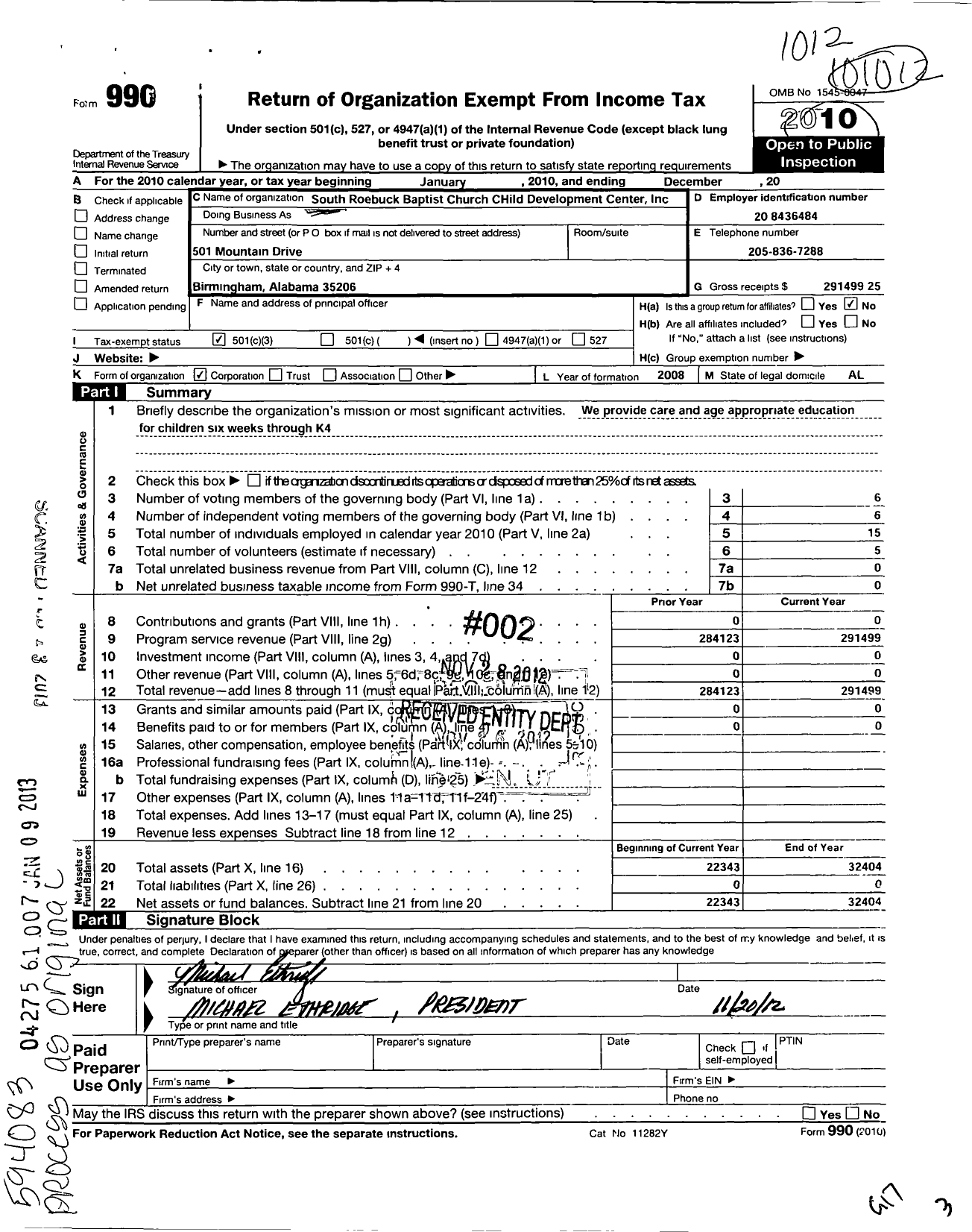 Image of first page of 2010 Form 990 for South Roebuck Baptist Church Childdevelopment Center