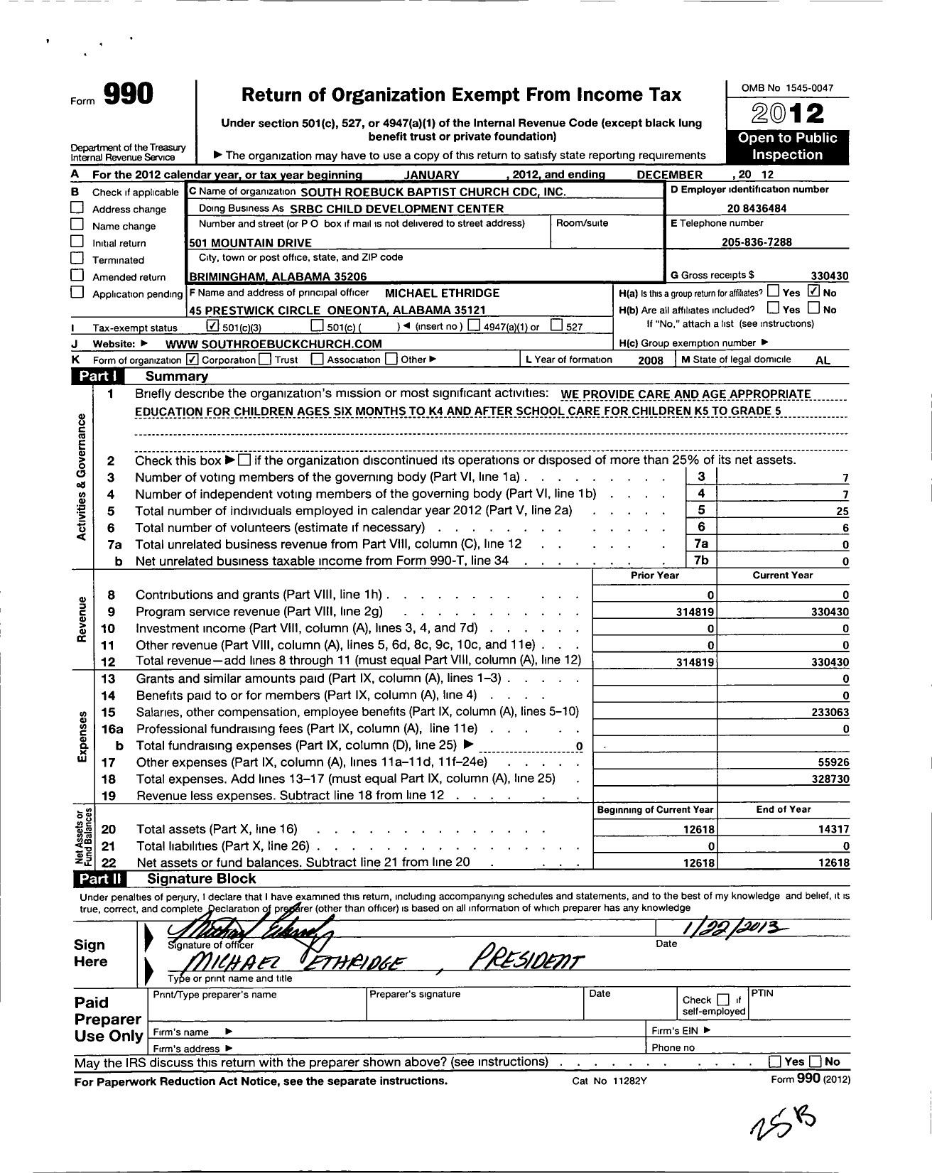 Image of first page of 2012 Form 990 for South Roebuck Baptist Church Childdevelopment Center