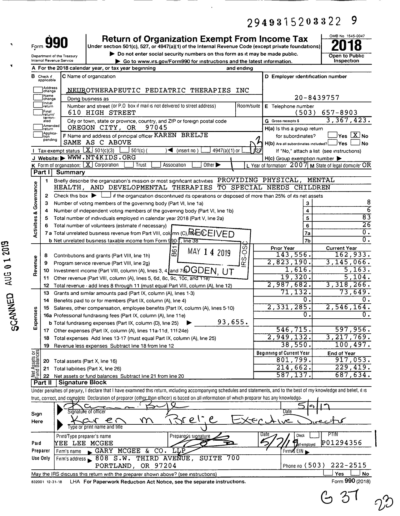 Image of first page of 2018 Form 990 for Neurotherapeutic Pediatric Therapies