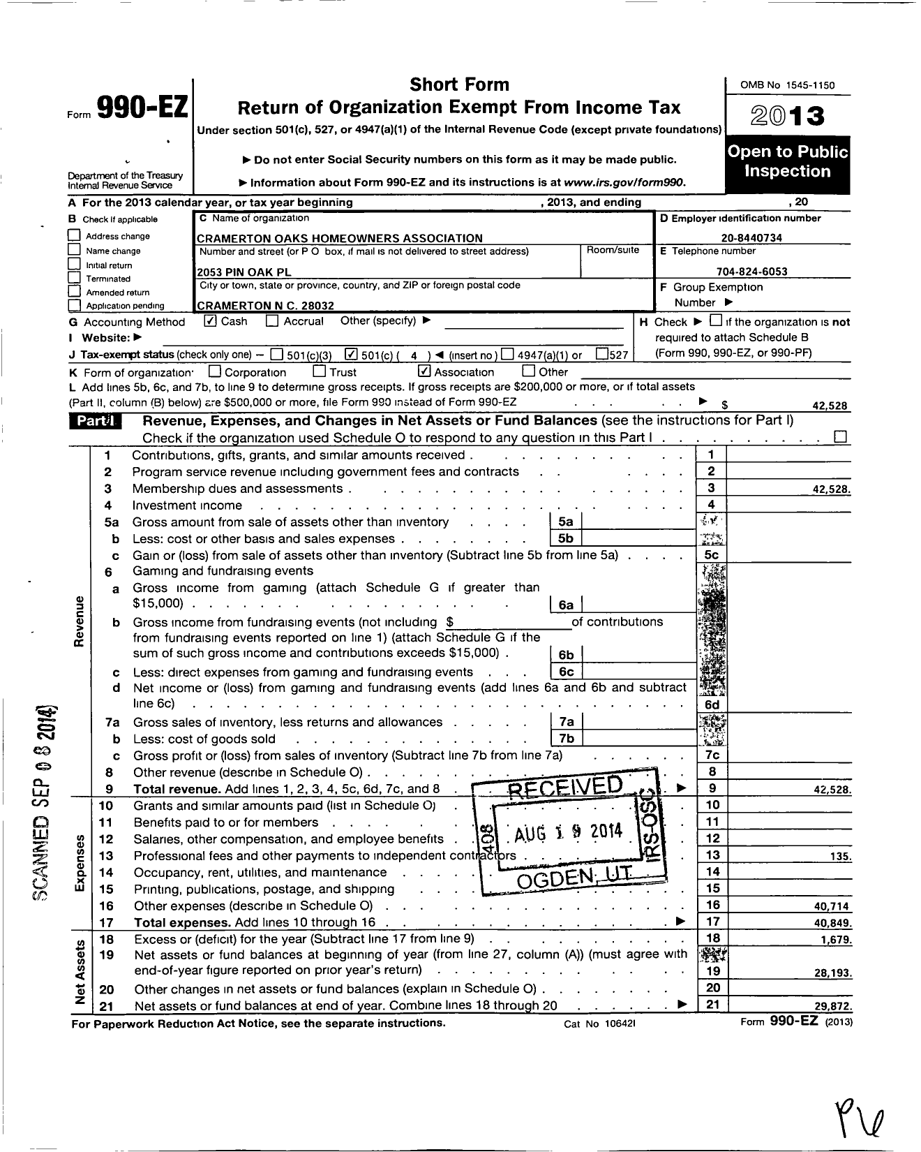 Image of first page of 2013 Form 990EO for Cramerton Oaks Homeowners Association