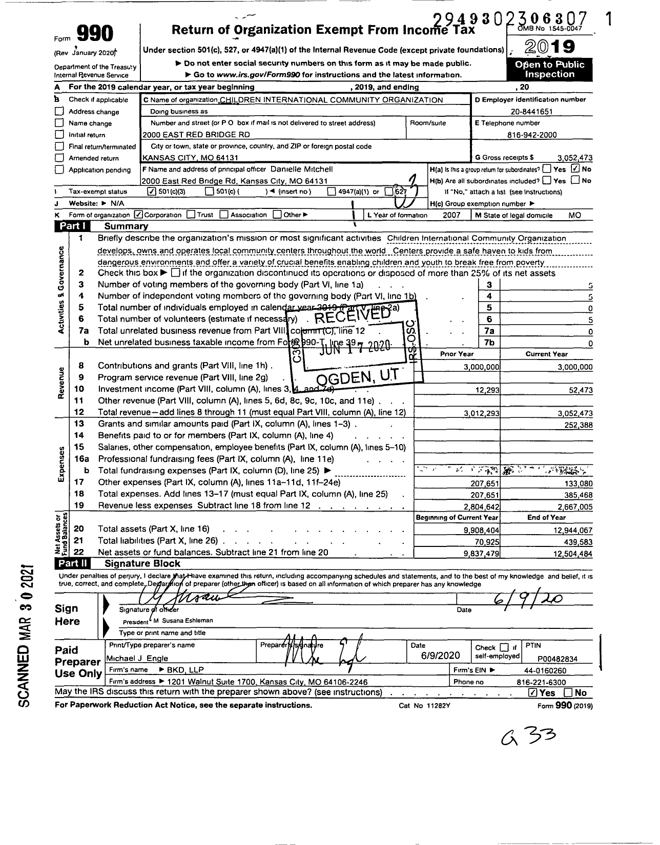 Image of first page of 2019 Form 990 for Children International Community Organization