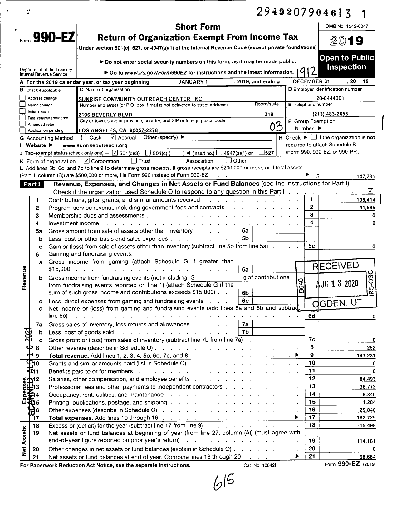 Image of first page of 2019 Form 990EZ for Sunrise Outreach