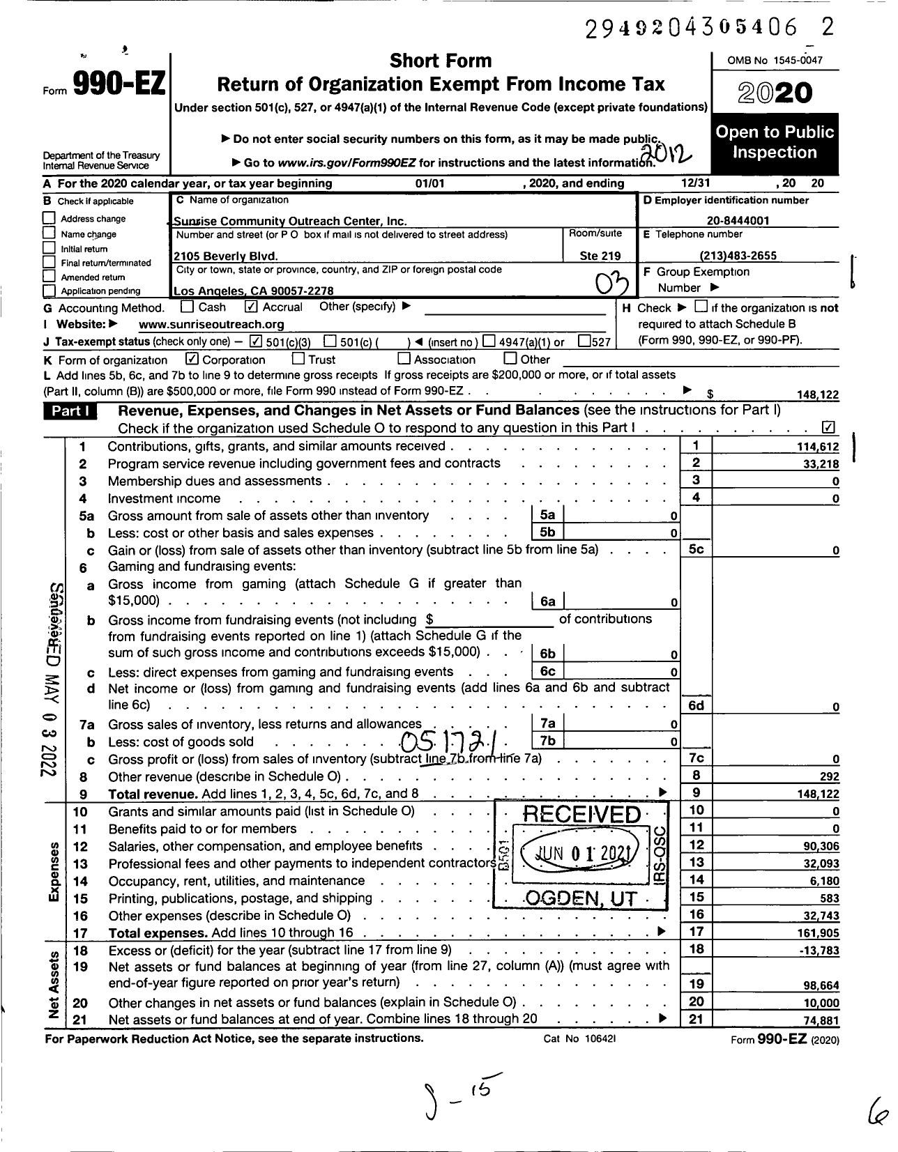 Image of first page of 2020 Form 990EZ for Sunrise Outreach