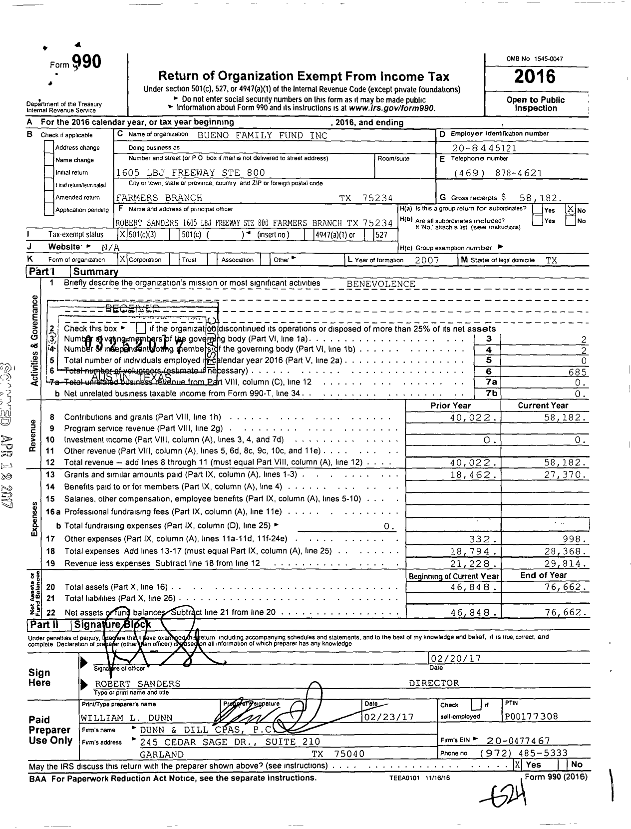 Image of first page of 2016 Form 990 for Bueno Family Fund