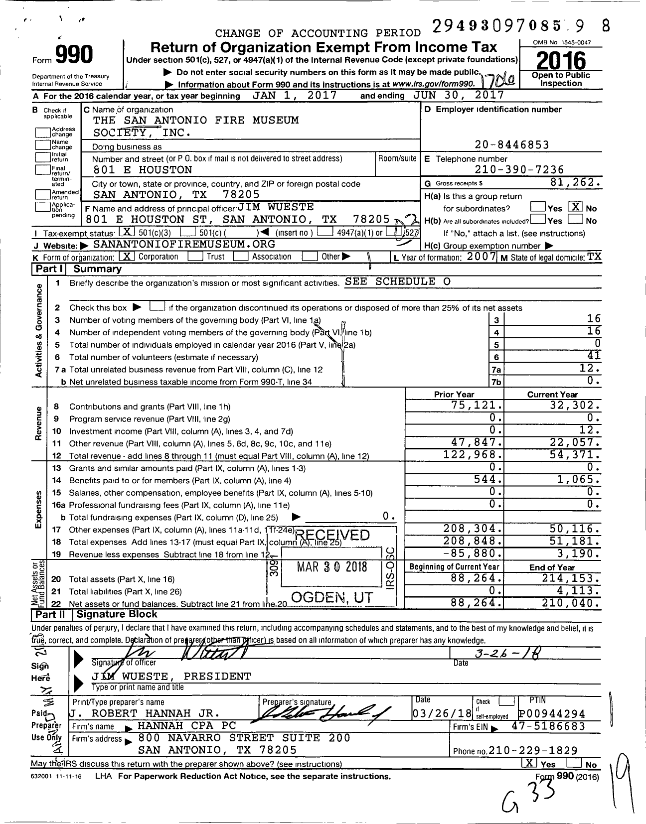 Image of first page of 2016 Form 990 for San Antonio Fire Museum Society