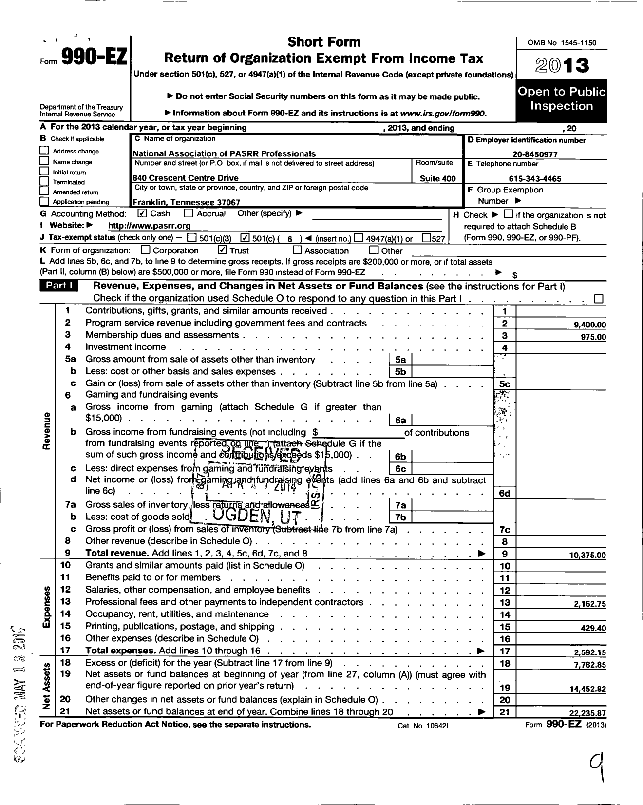 Image of first page of 2013 Form 990EO for National Association of Pasrr Professionals