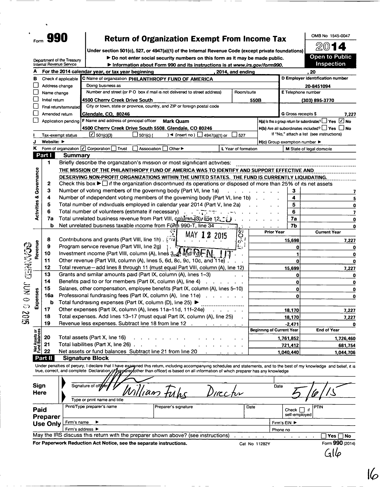 Image of first page of 2014 Form 990 for Philanthropy Fund of America