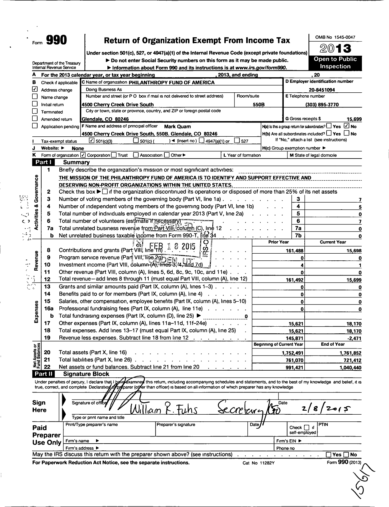 Image of first page of 2013 Form 990 for Philanthropy Fund of America