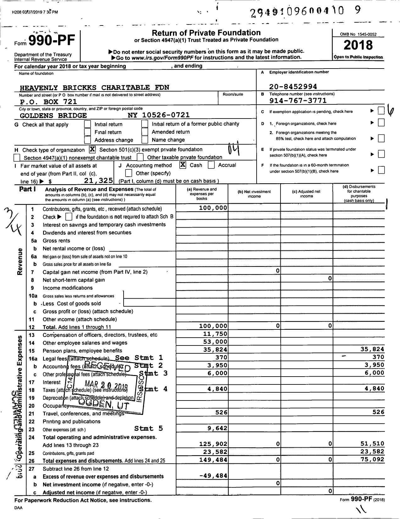 Image of first page of 2018 Form 990PF for Heavenly Brickks Charitable Foundation