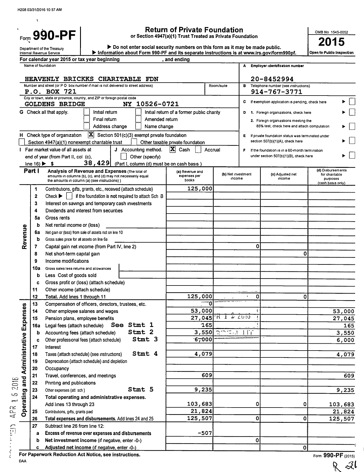 Image of first page of 2015 Form 990PF for Heavenly Brickks Charitable Foundation