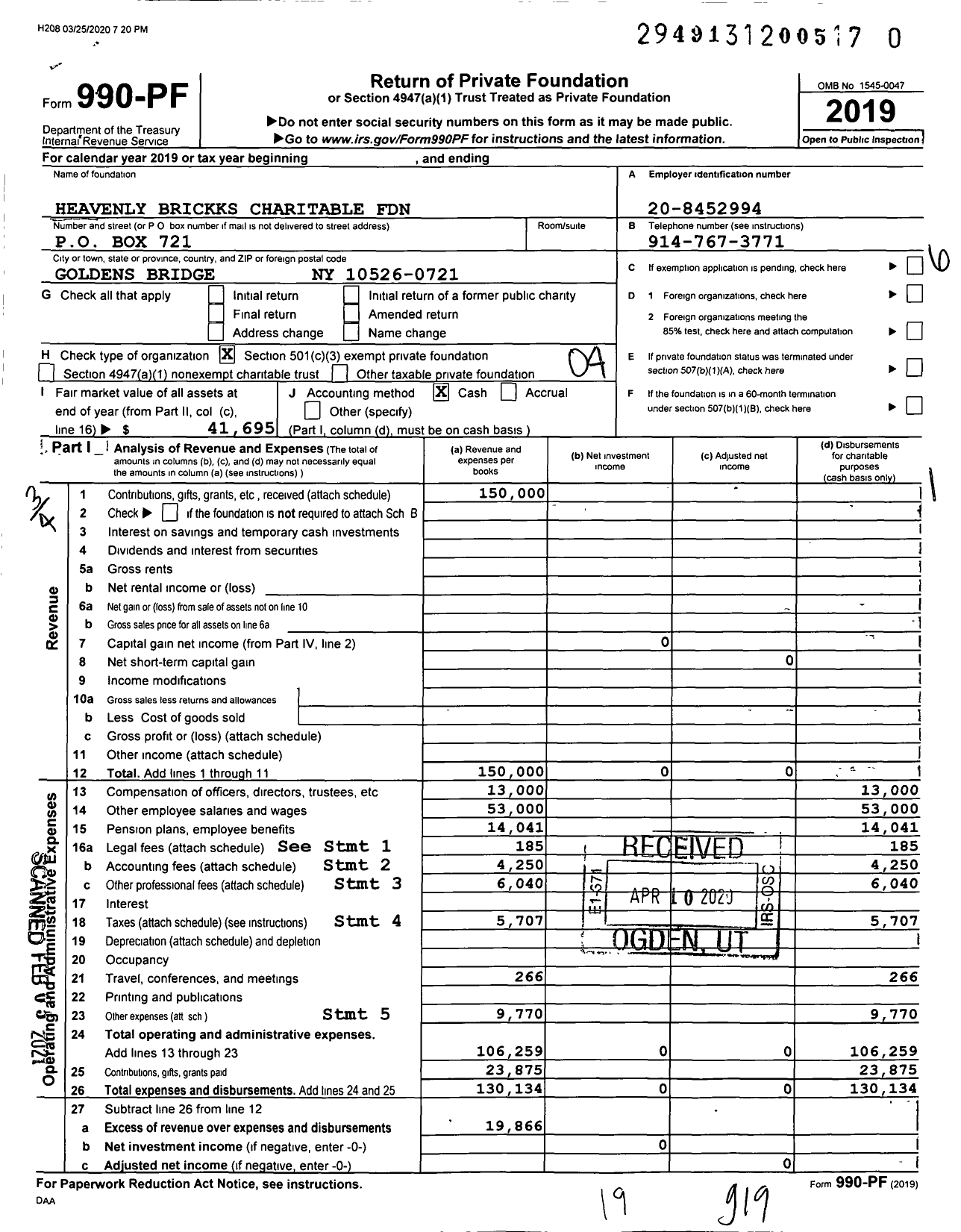Image of first page of 2019 Form 990PF for Heavenly Brickks Charitable Foundation