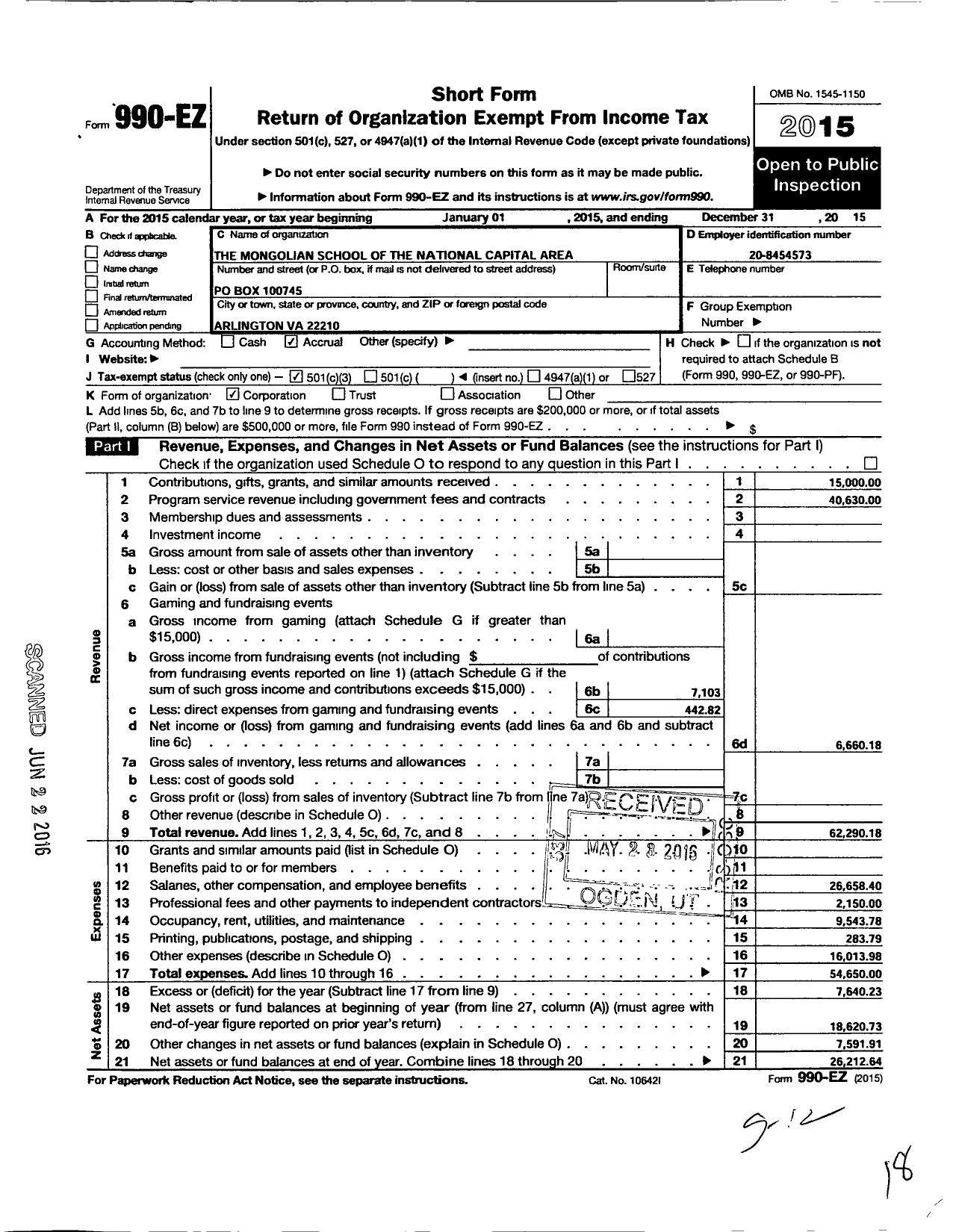 Image of first page of 2015 Form 990EZ for Mongolian School of the National Capital Area