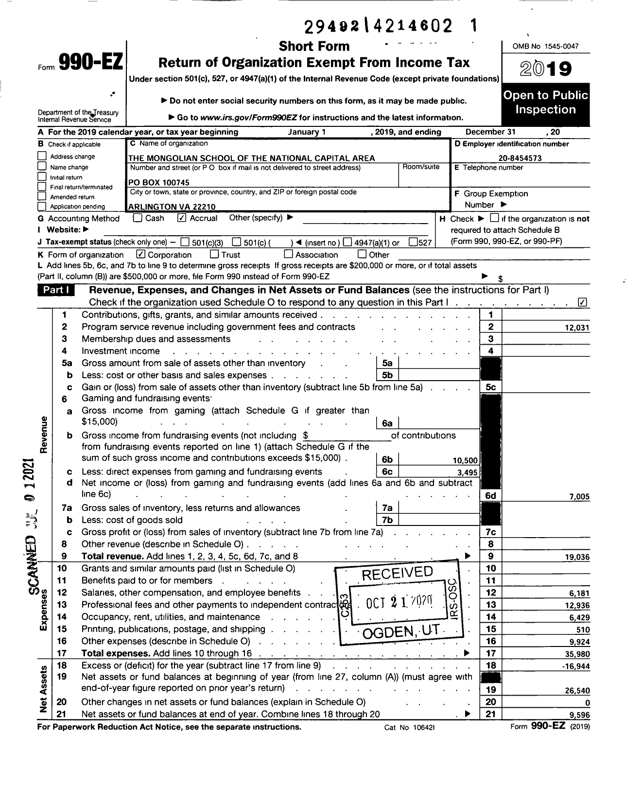 Image of first page of 2019 Form 990EO for Mongolian School of the National Capital Area