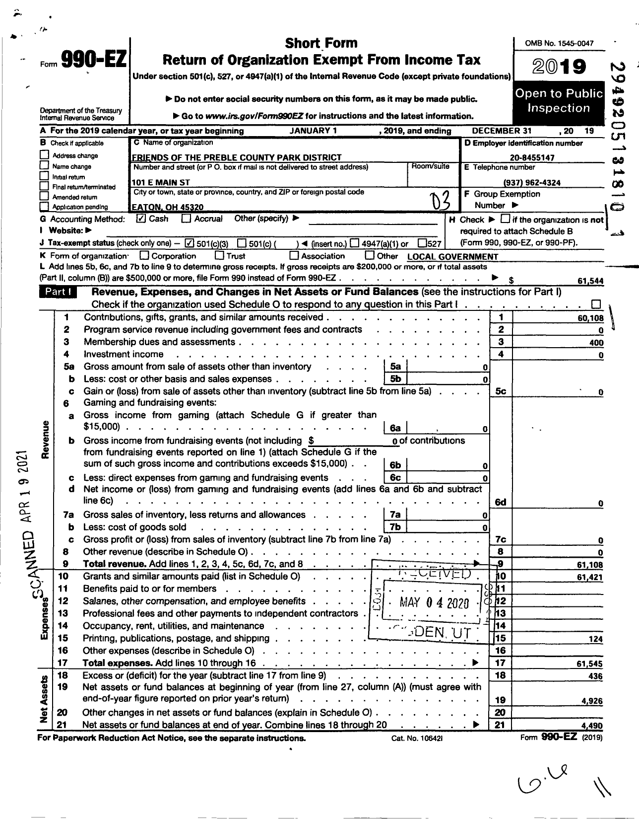 Image of first page of 2019 Form 990EZ for Friends of the Preble County Park District