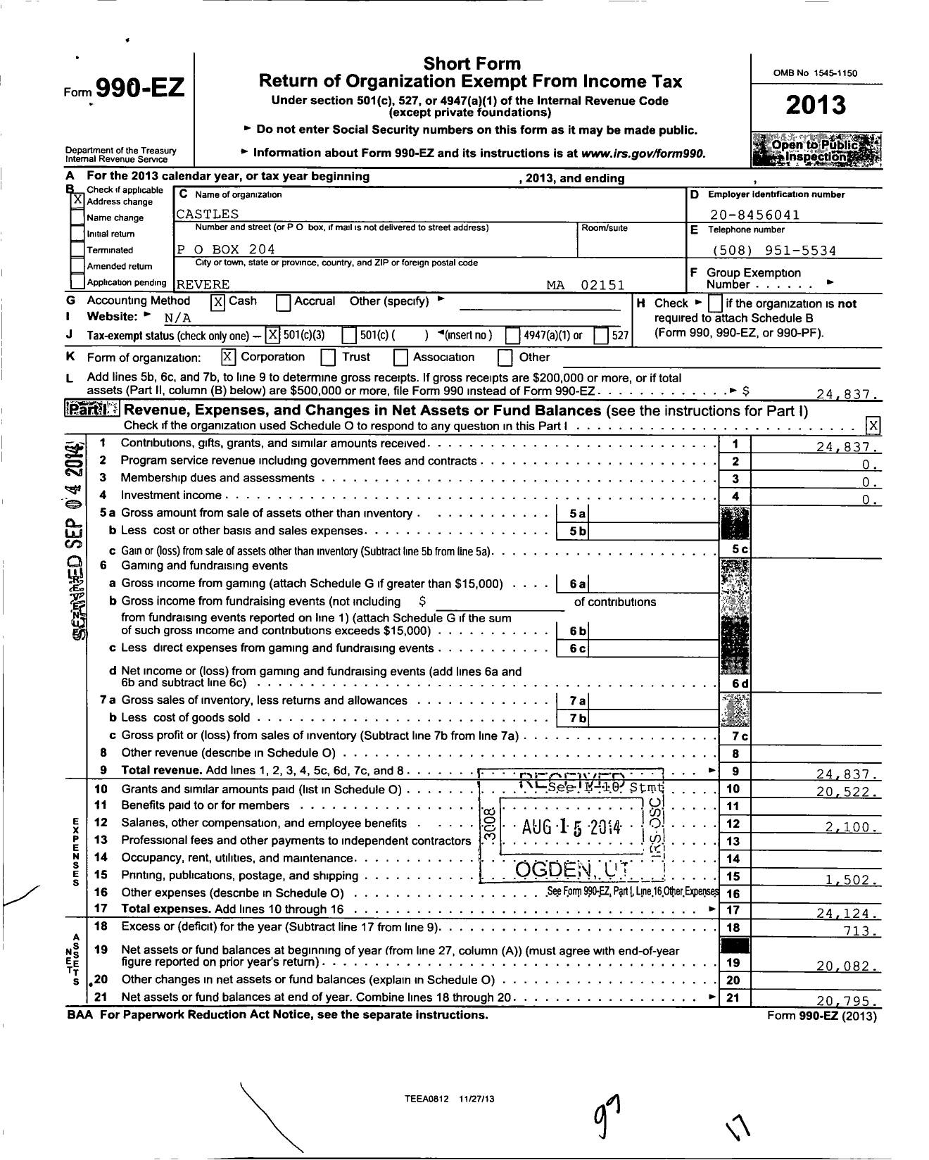 Image of first page of 2013 Form 990EZ for Castles