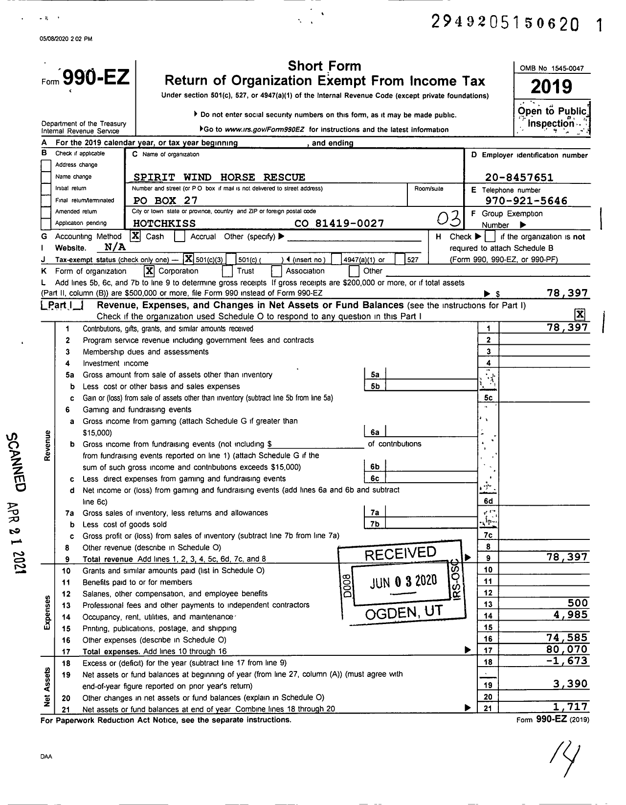 Image of first page of 2019 Form 990EZ for Spirit Wind Horse Rescue