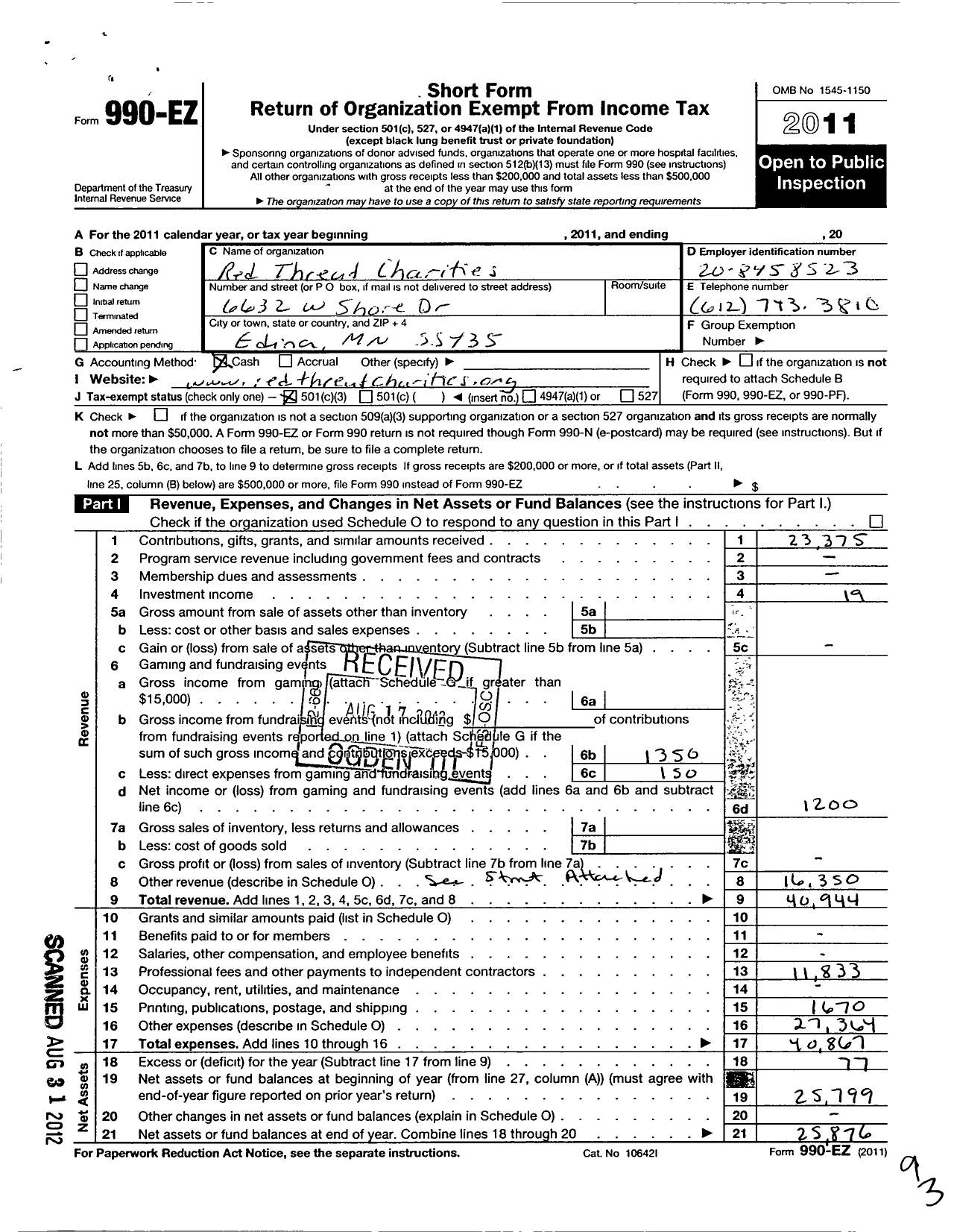 Image of first page of 2011 Form 990EZ for Red Thread Charities