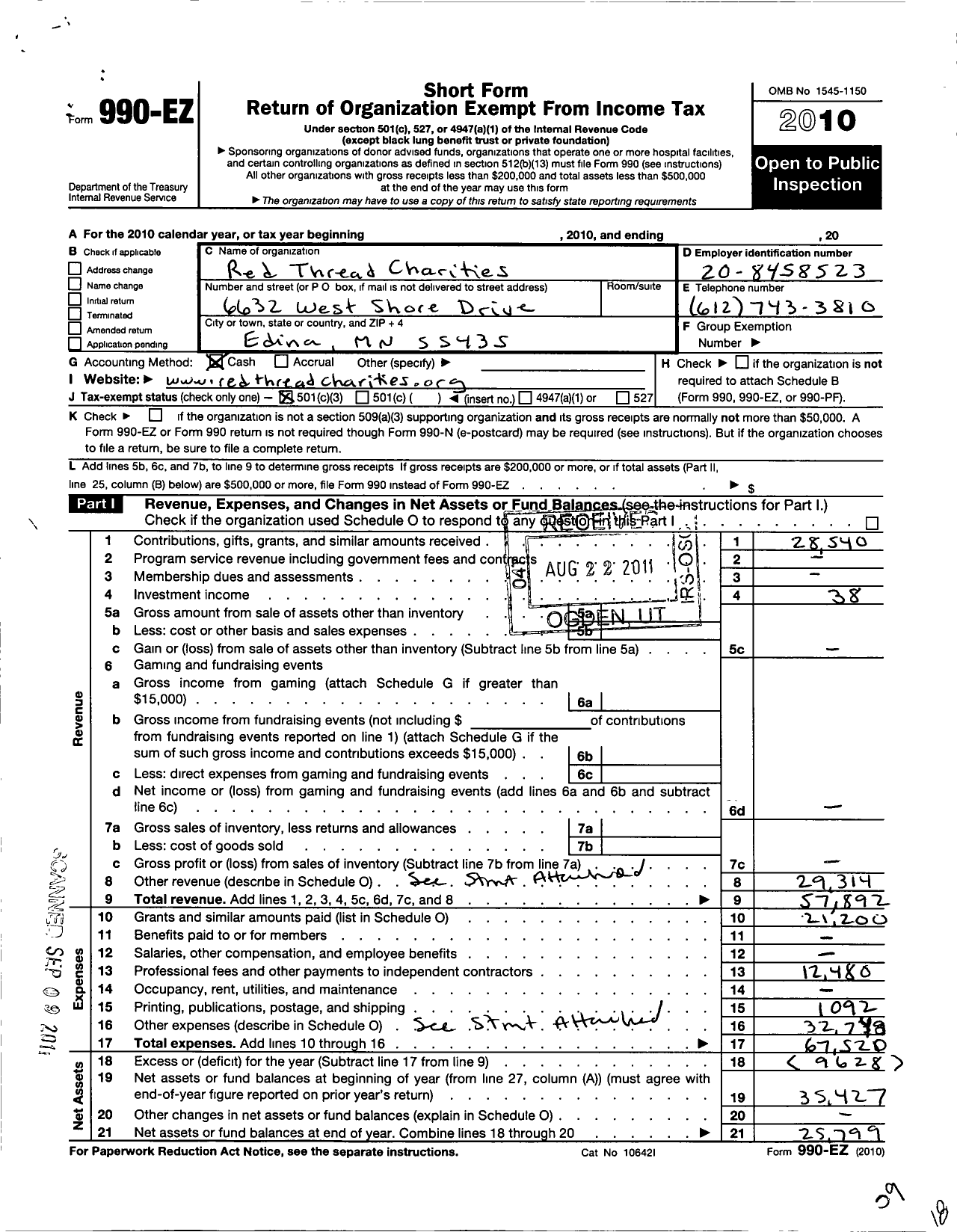 Image of first page of 2010 Form 990EZ for Red Thread Charities