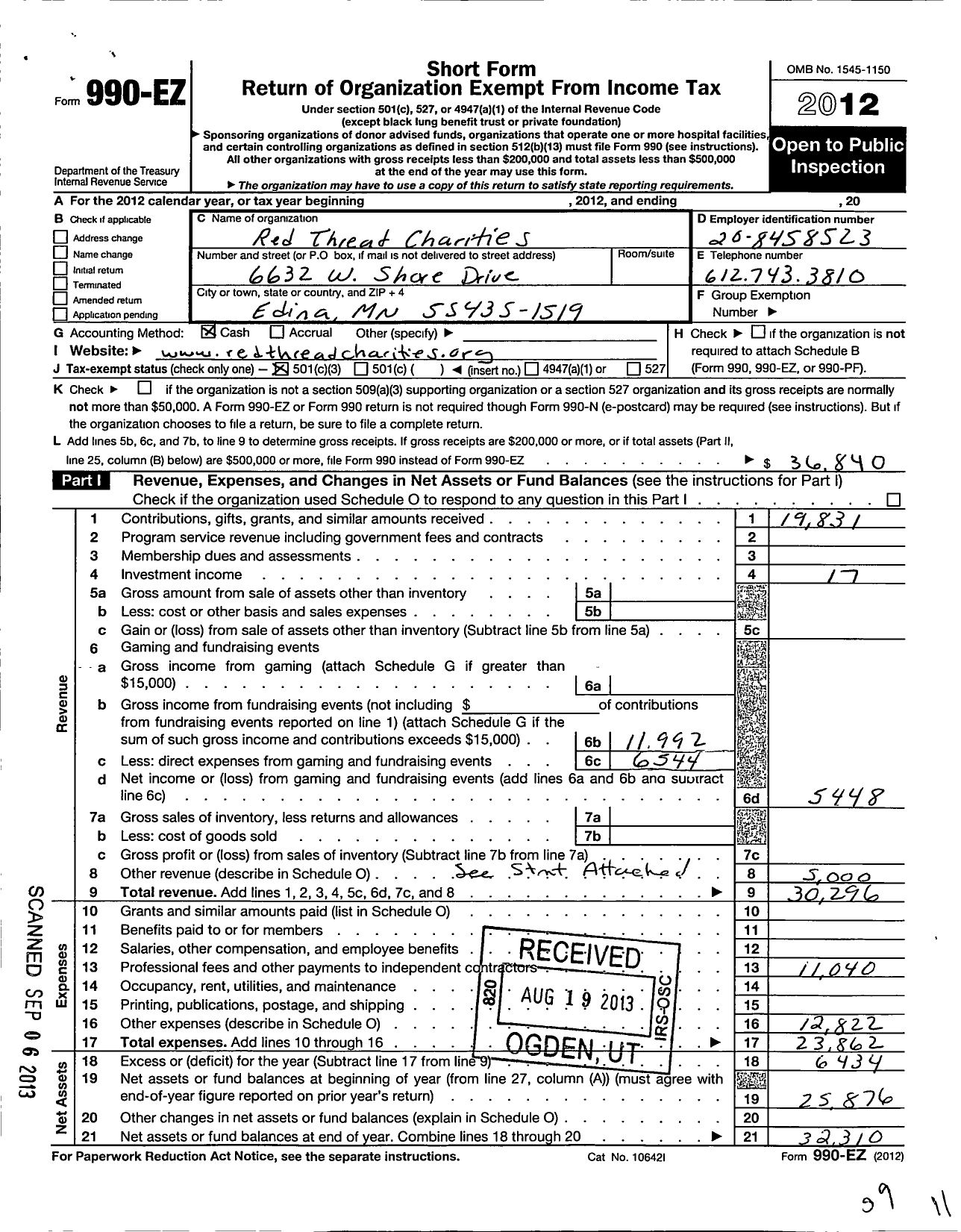 Image of first page of 2012 Form 990EZ for Red Thread Charities