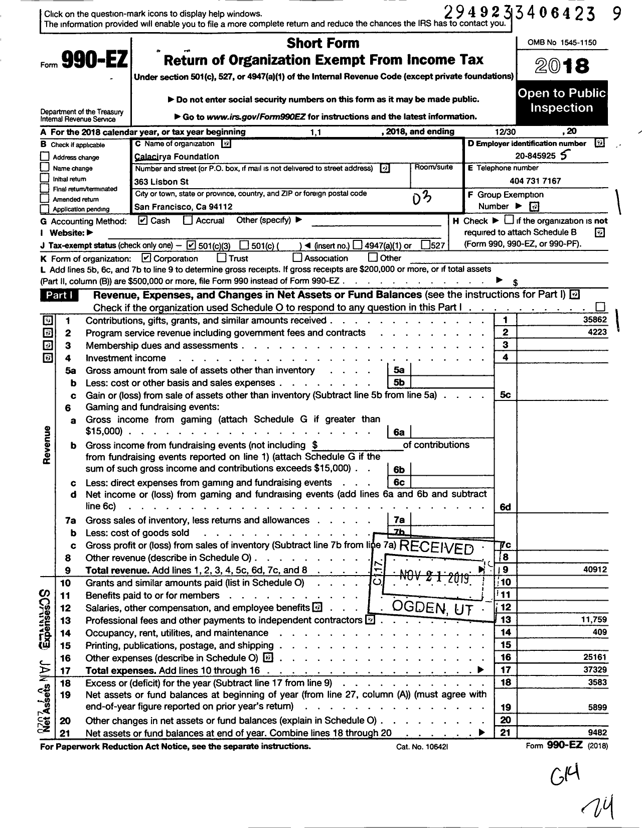 Image of first page of 2018 Form 990EZ for Calacirya Foundation