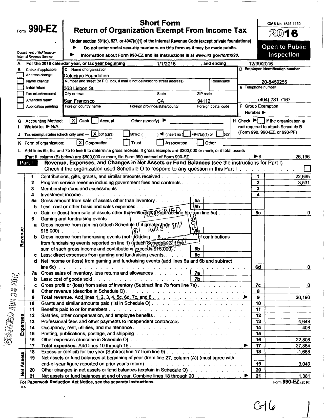 Image of first page of 2016 Form 990EZ for Calacirya Foundation