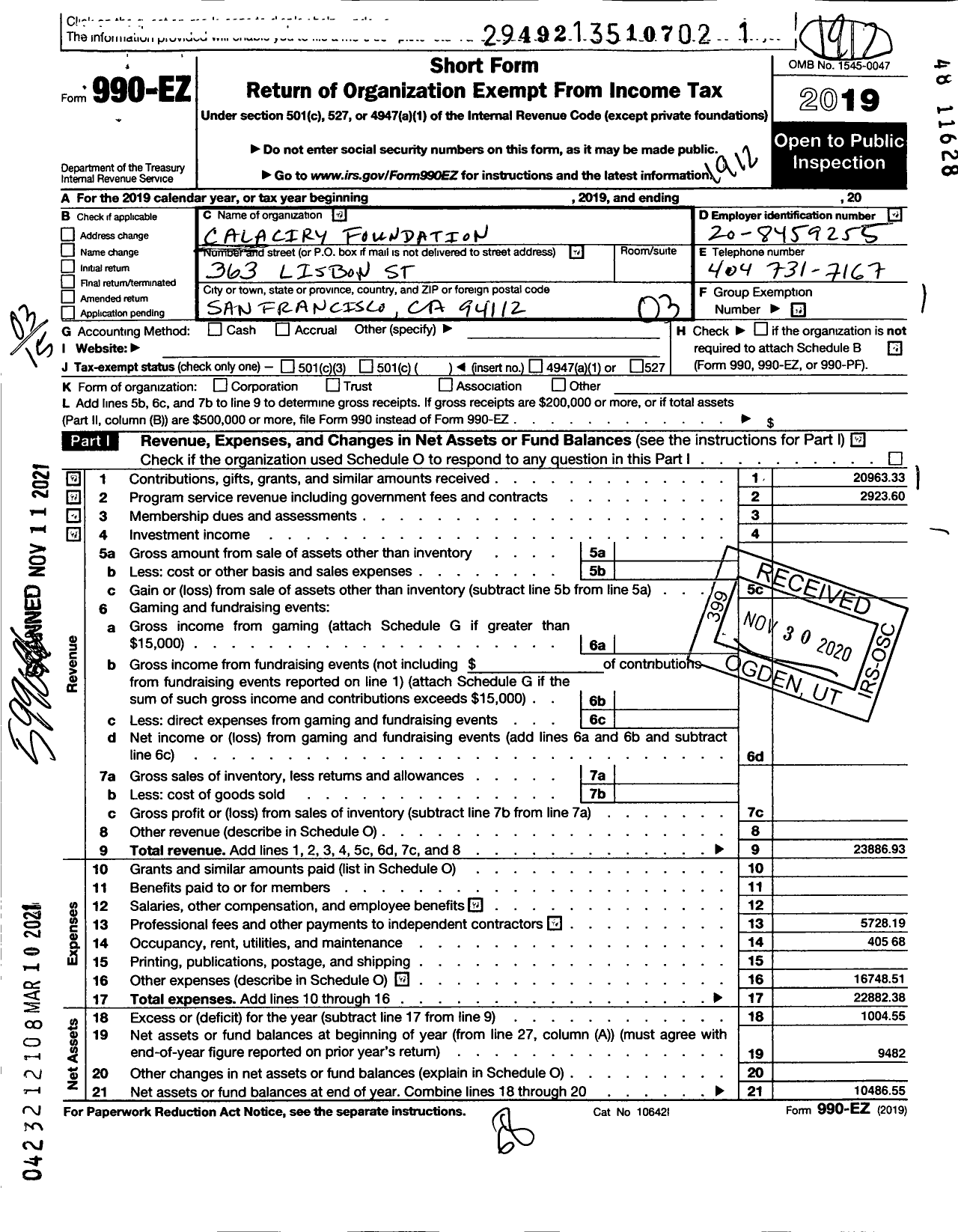 Image of first page of 2019 Form 990EZ for Calacirya Foundation