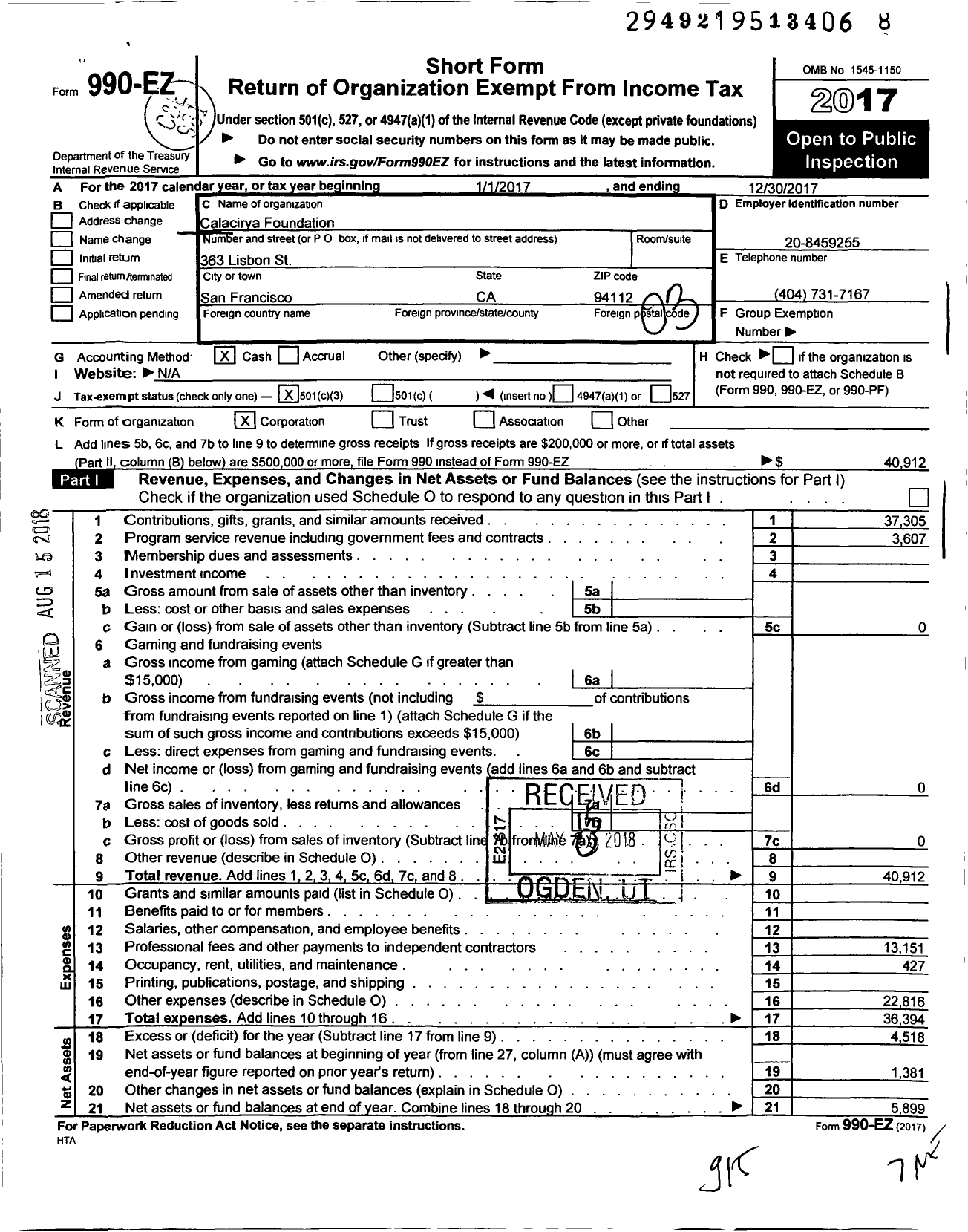 Image of first page of 2017 Form 990EZ for Calacirya Foundation