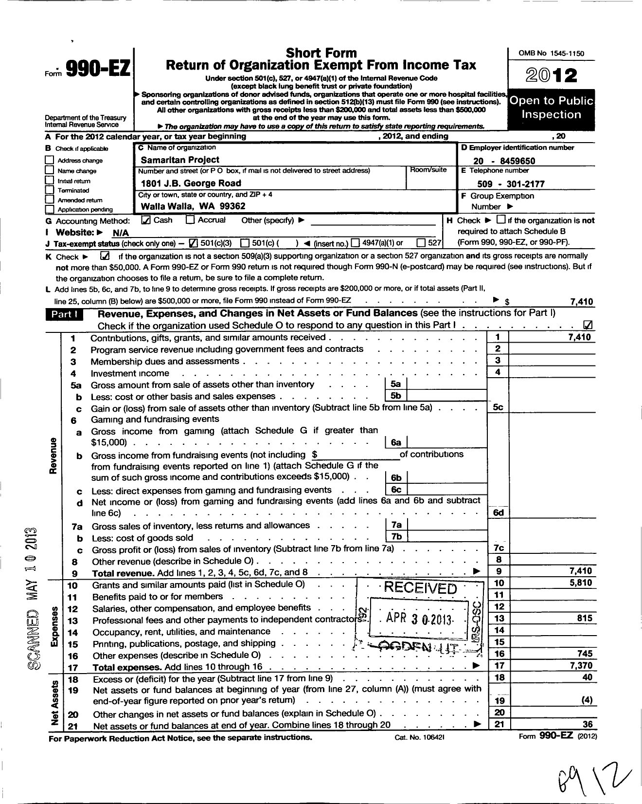 Image of first page of 2012 Form 990EZ for Samaritan Project