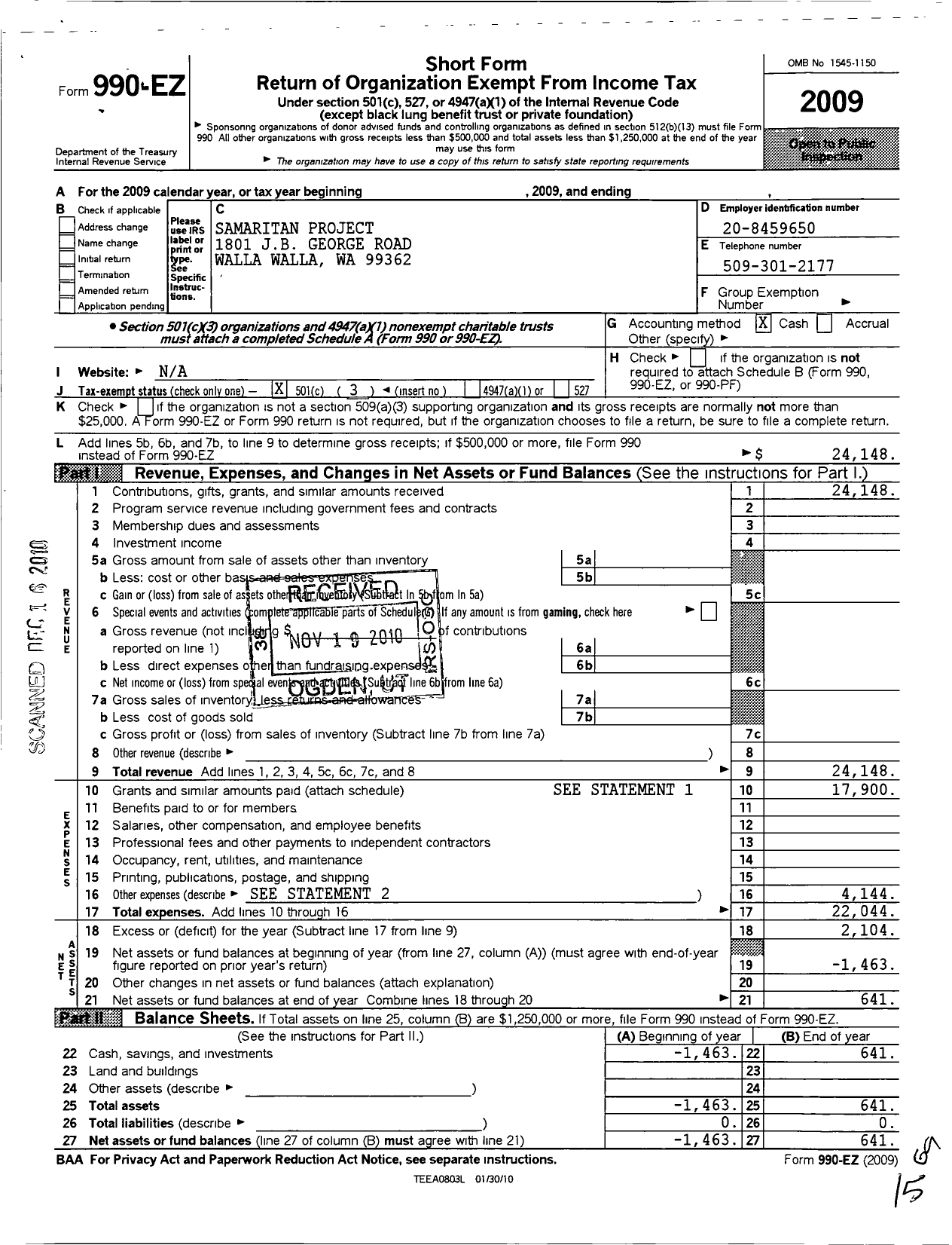 Image of first page of 2009 Form 990EZ for Samaritan Project