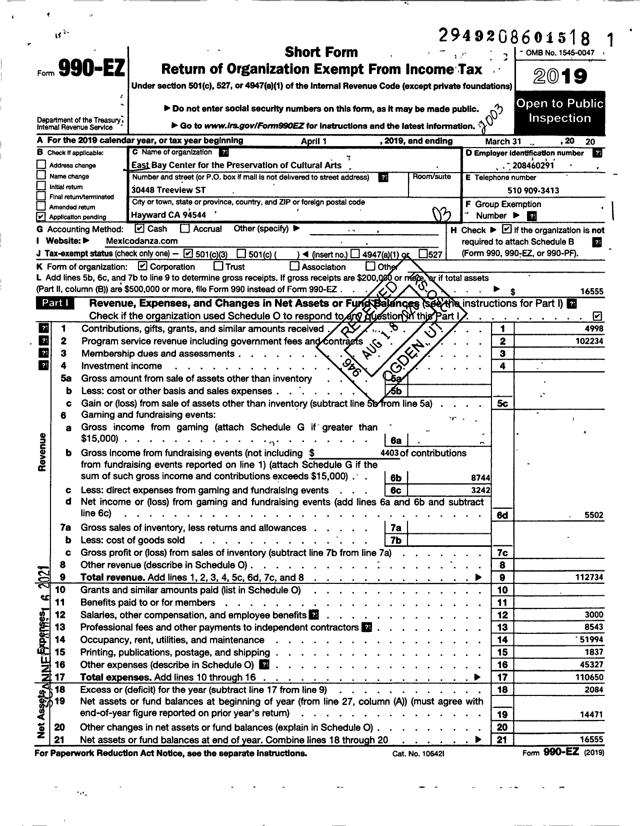 Image of first page of 2019 Form 990EZ for EAST BAY CENTER FOR THEPRESERVATION OOF CULTURAL ARTS Ballet Folklorico Mexico Danza