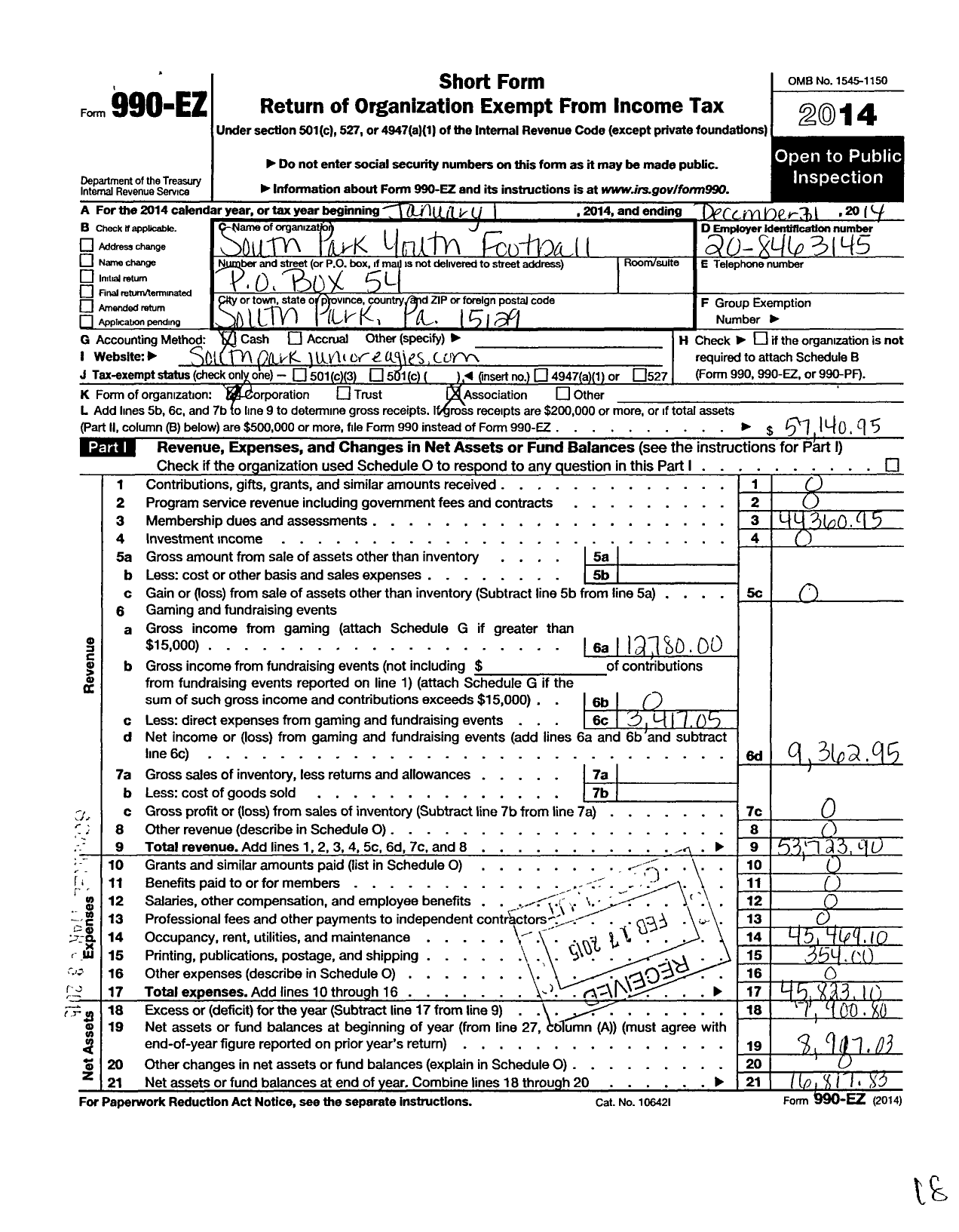 Image of first page of 2014 Form 990EO for South Park Youth Football