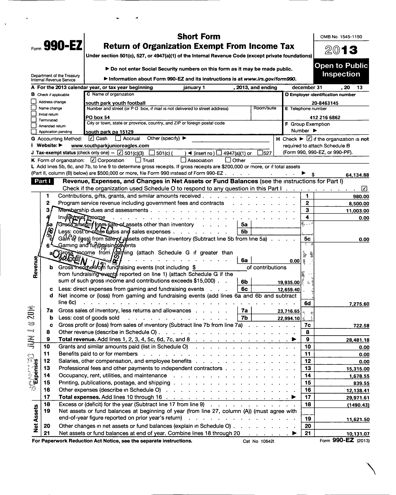 Image of first page of 2013 Form 990EZ for South Park Youth Football