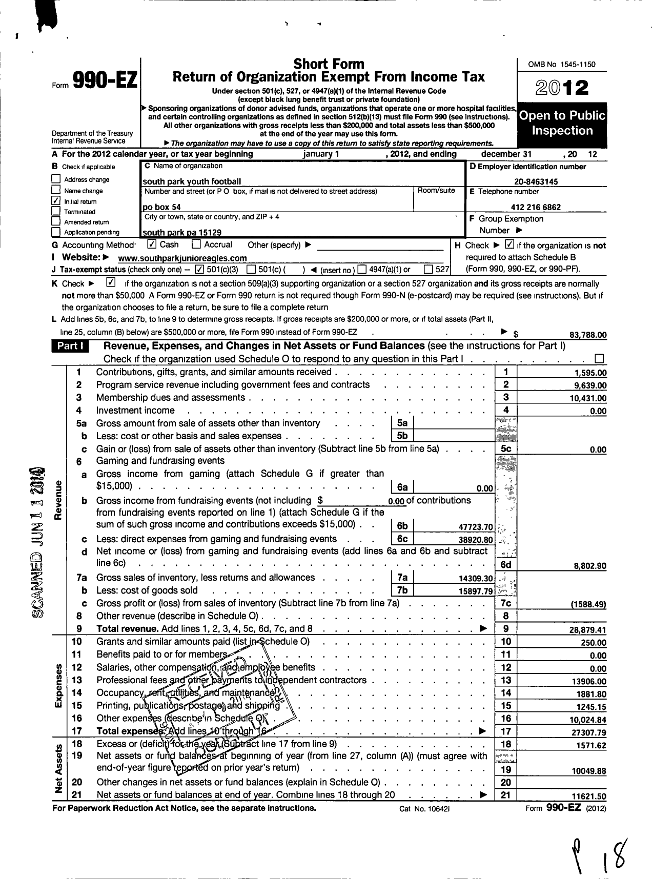 Image of first page of 2012 Form 990EZ for South Park Youth Football