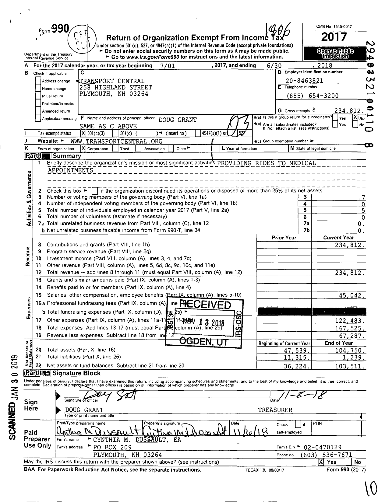 Image of first page of 2017 Form 990 for Transport Central