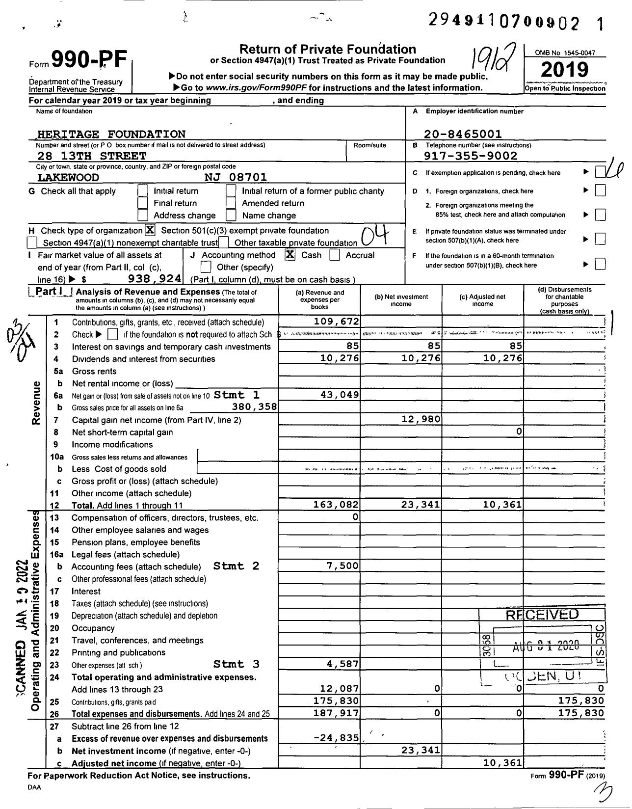 Image of first page of 2019 Form 990PF for Heritage Foundation