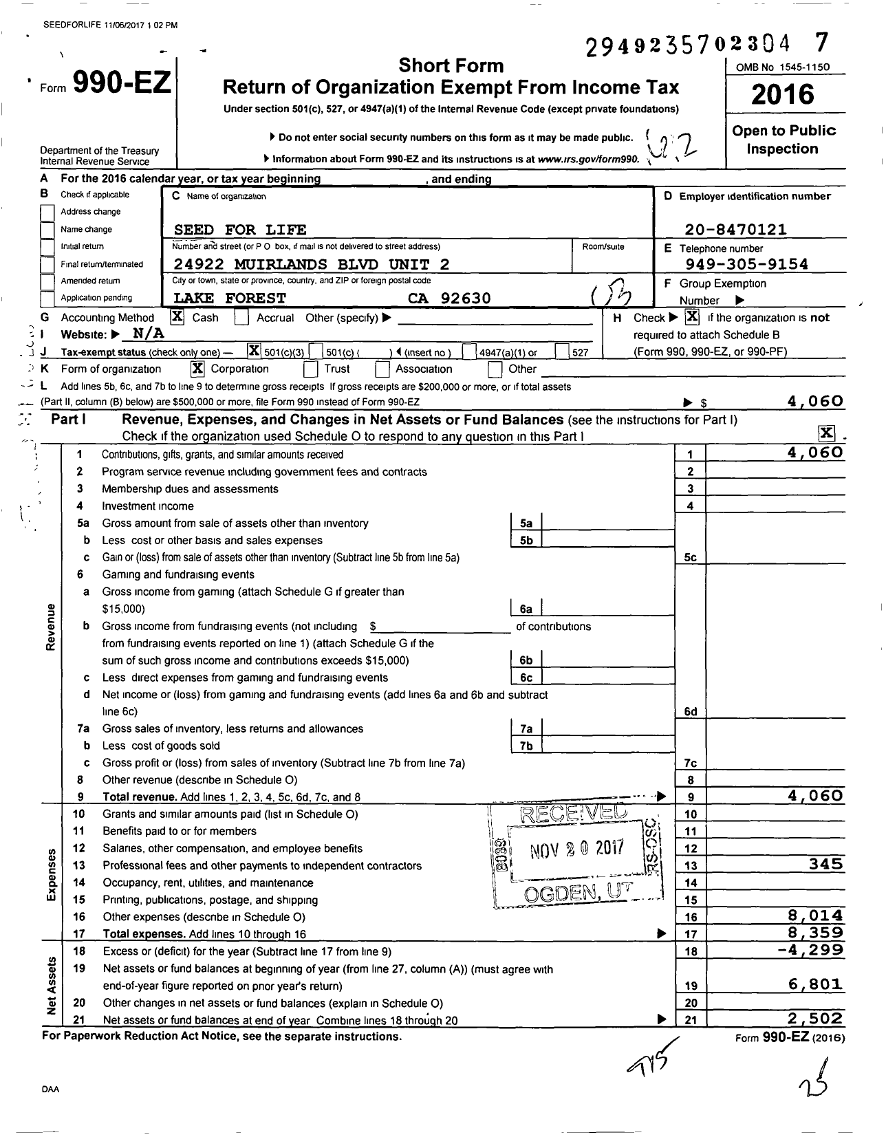 Image of first page of 2016 Form 990EZ for Seed for Life