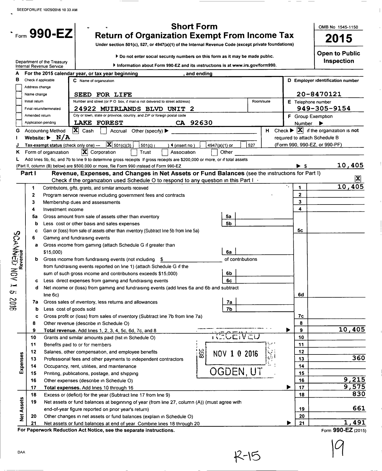 Image of first page of 2015 Form 990EZ for Seed for Life