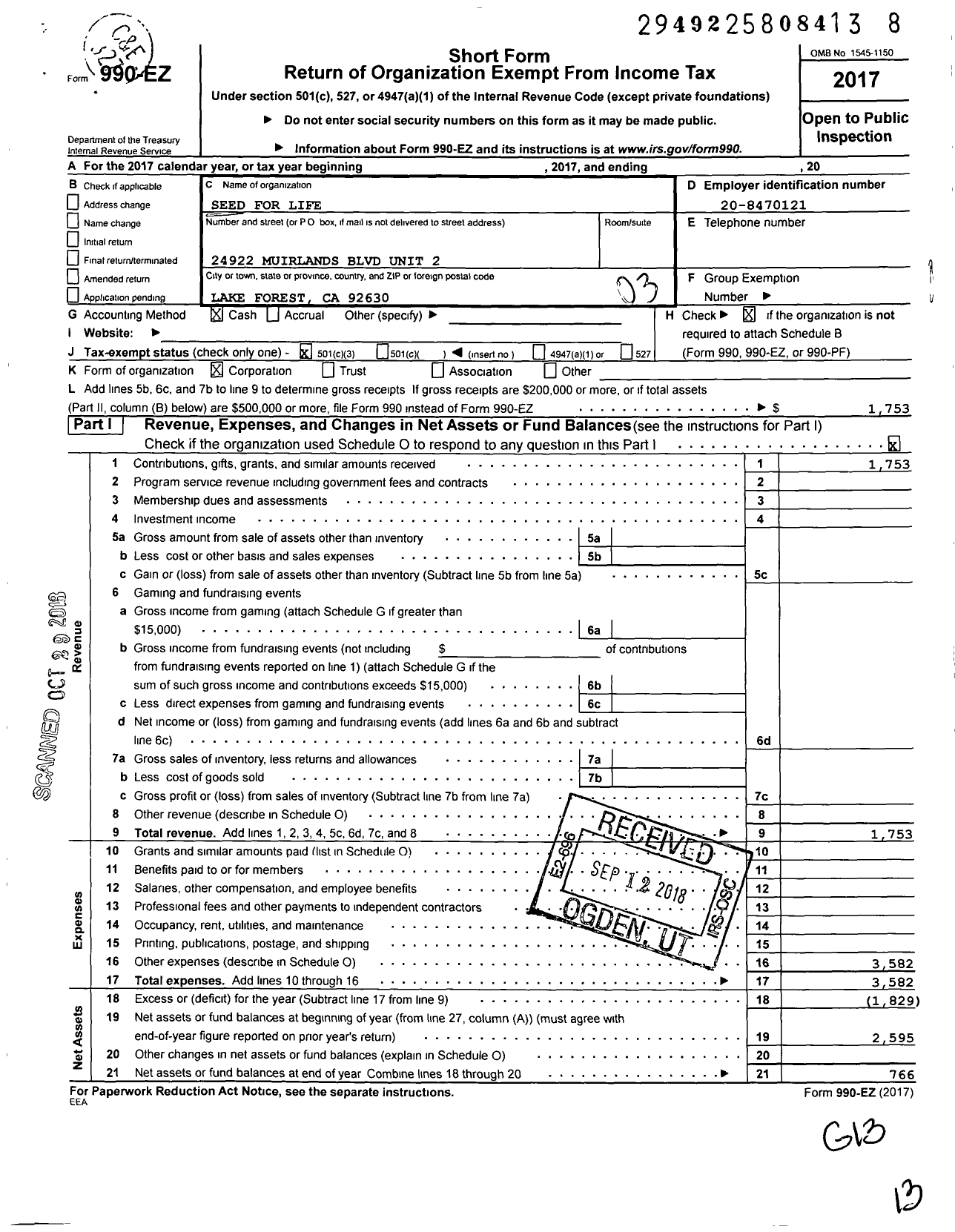 Image of first page of 2017 Form 990EZ for Seed for Life