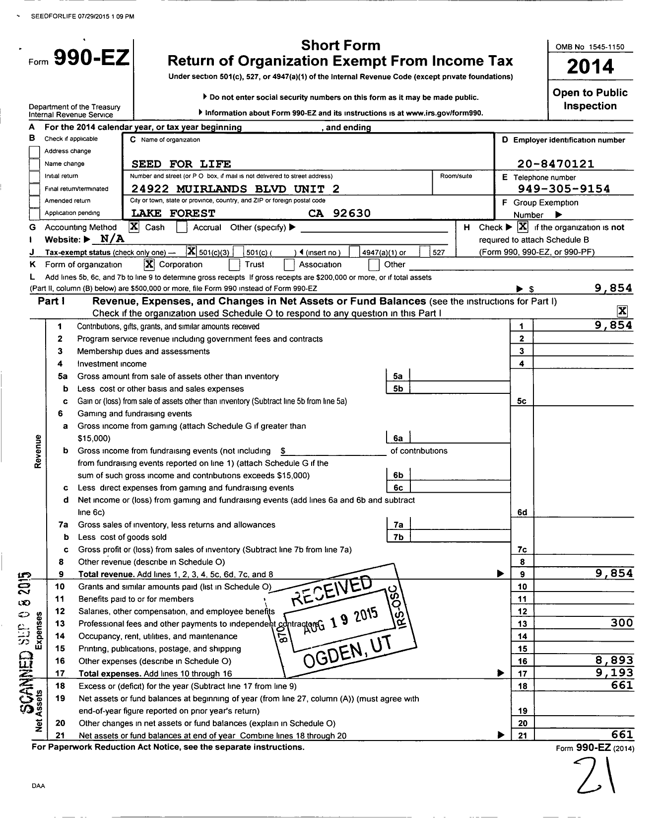 Image of first page of 2014 Form 990EZ for Seed for Life