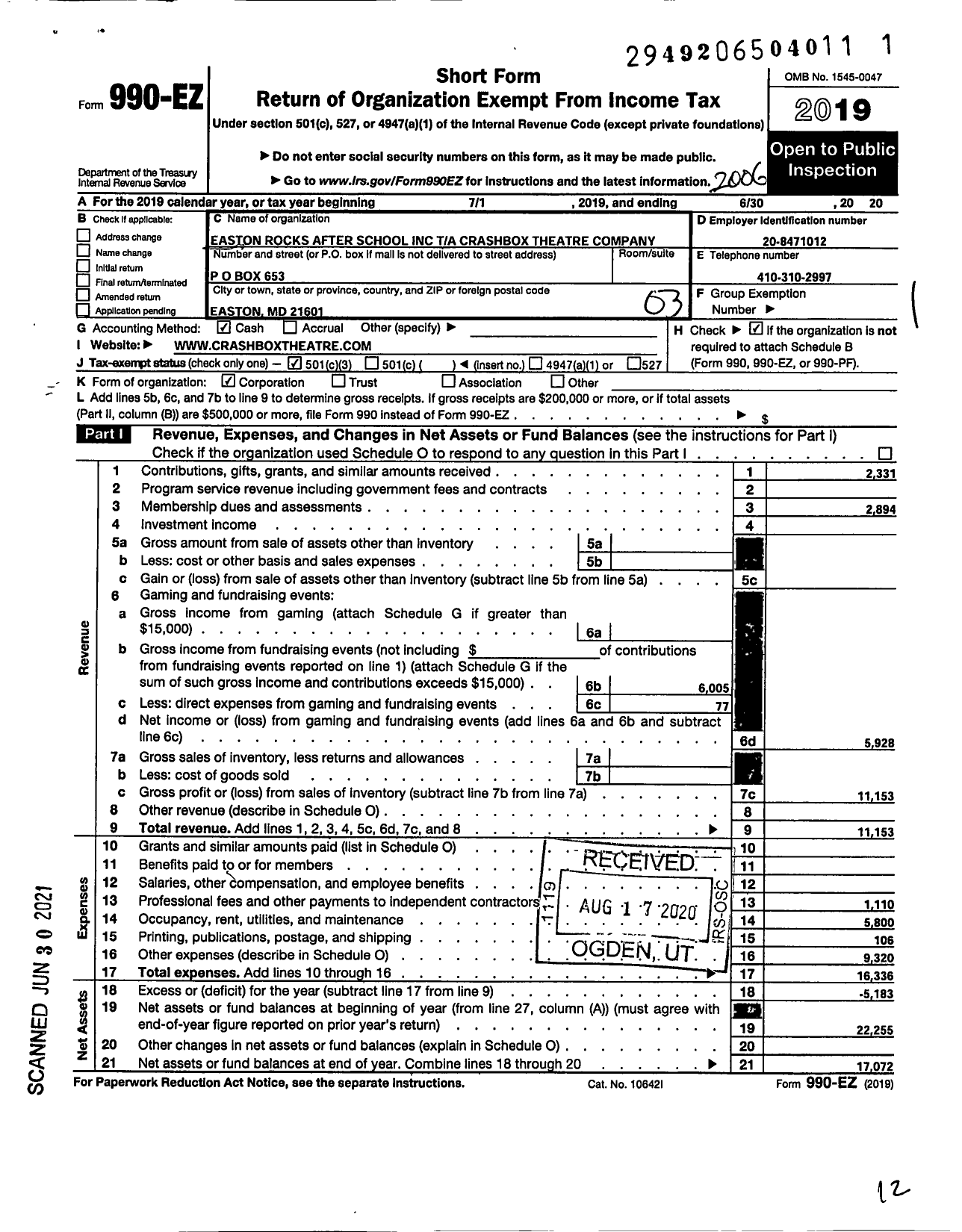 Image of first page of 2019 Form 990EZ for Easton Rocks After School