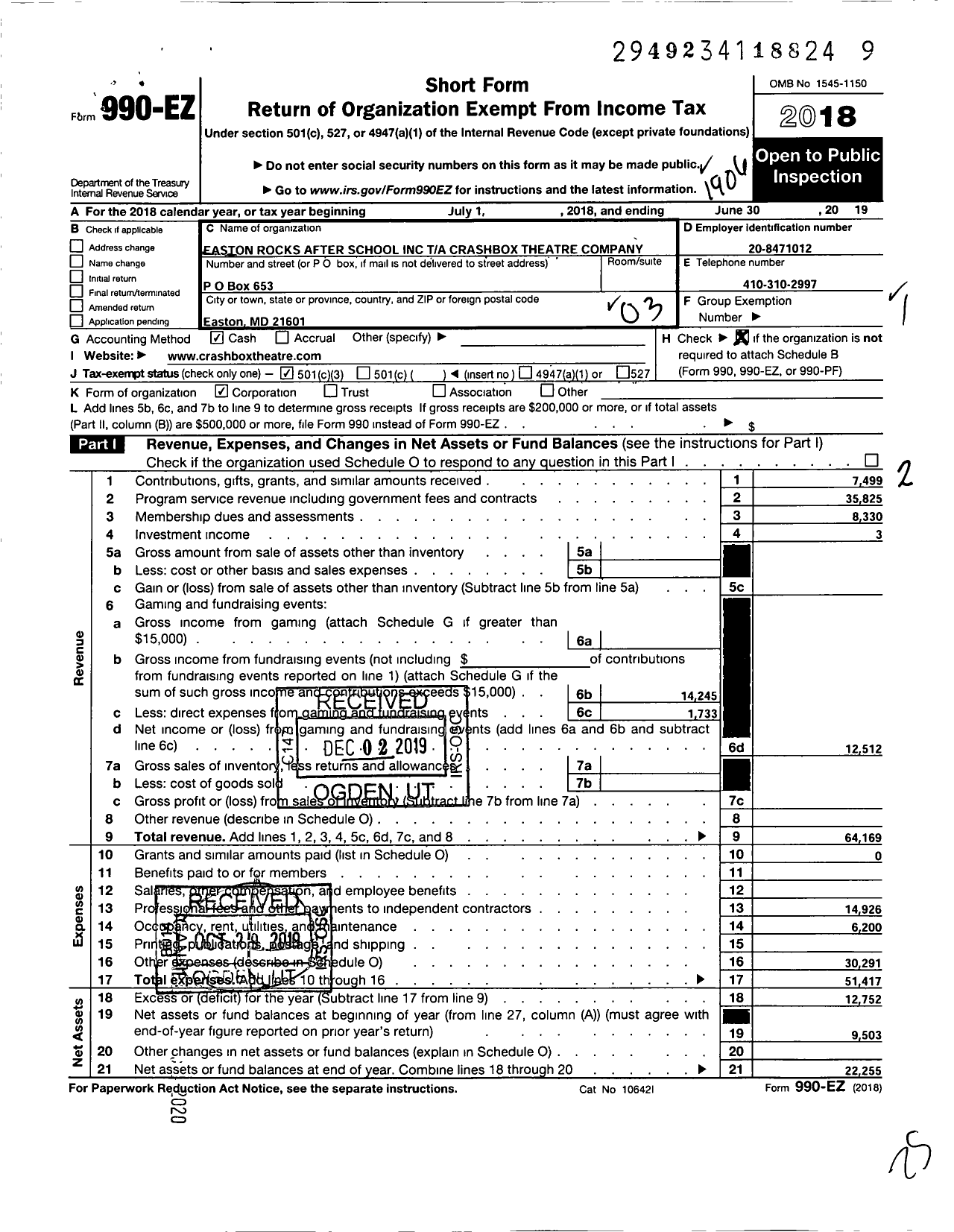 Image of first page of 2018 Form 990EZ for Easton Rocks After School