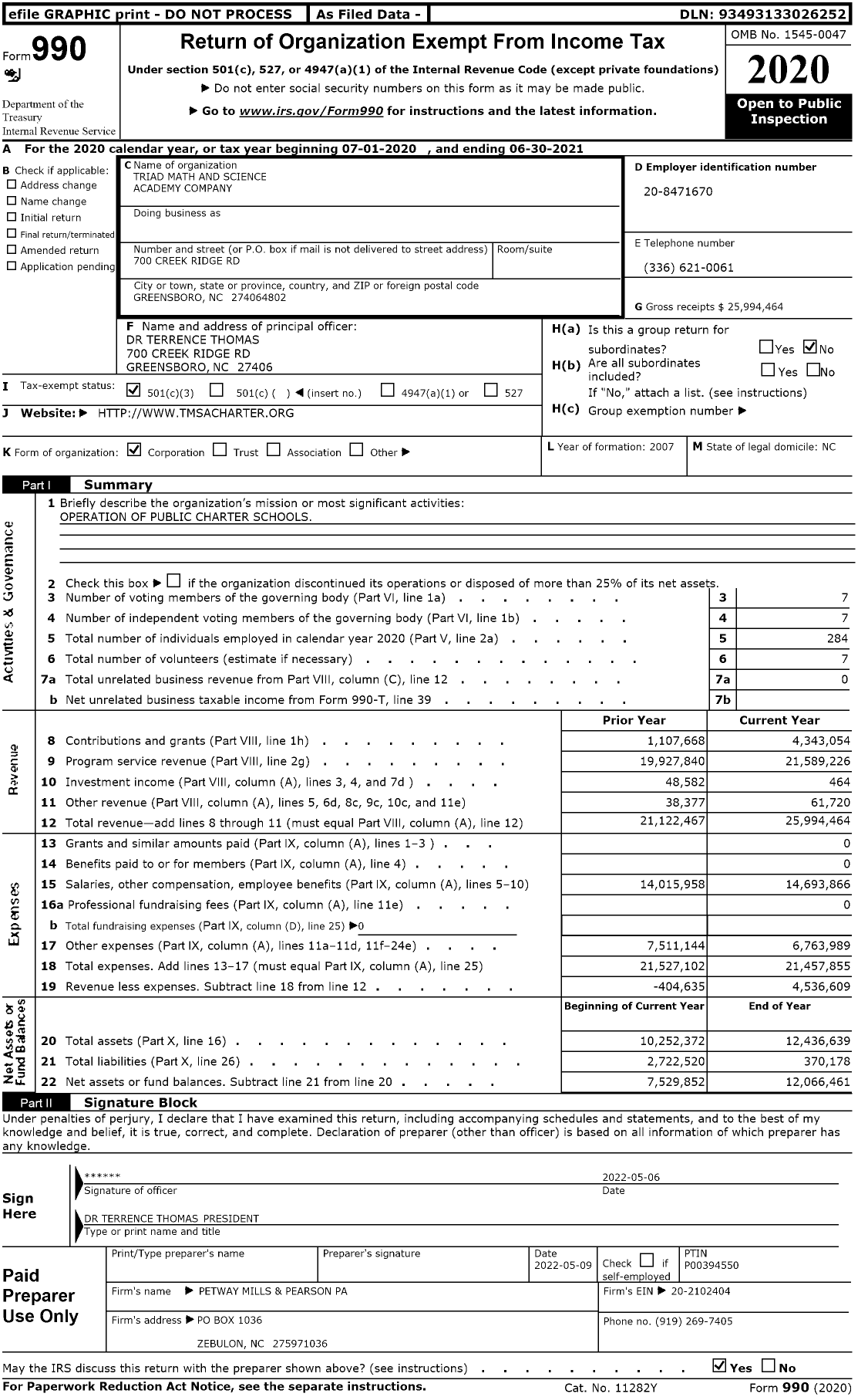 Image of first page of 2020 Form 990 for Triad Math and Science Academy Company