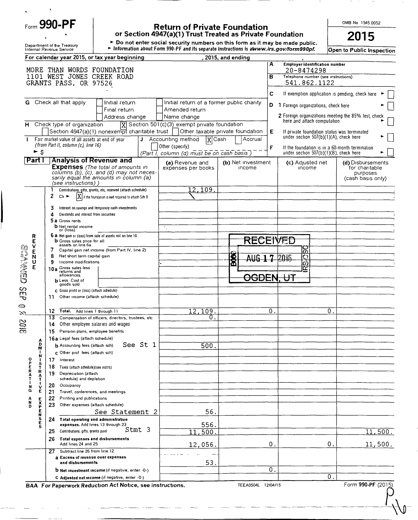 Image of first page of 2015 Form 990PF for More Than Words Foundation